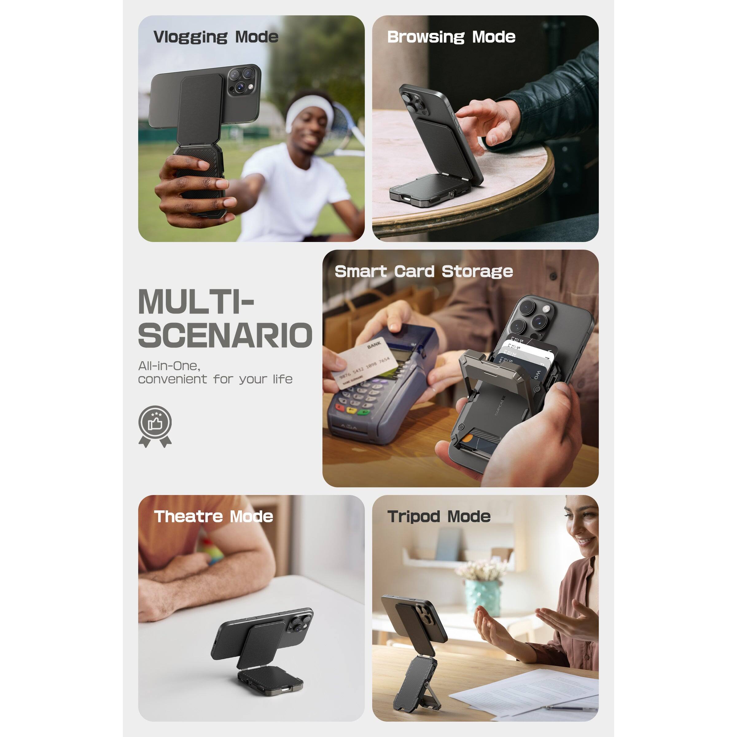 Vlogging Mode  
Browsing Mode  
Smart Card Storage  
Theatre Mode  
Tripod Mode  

MULTI-SCENARIO  
All-in-One  
convenient for your life