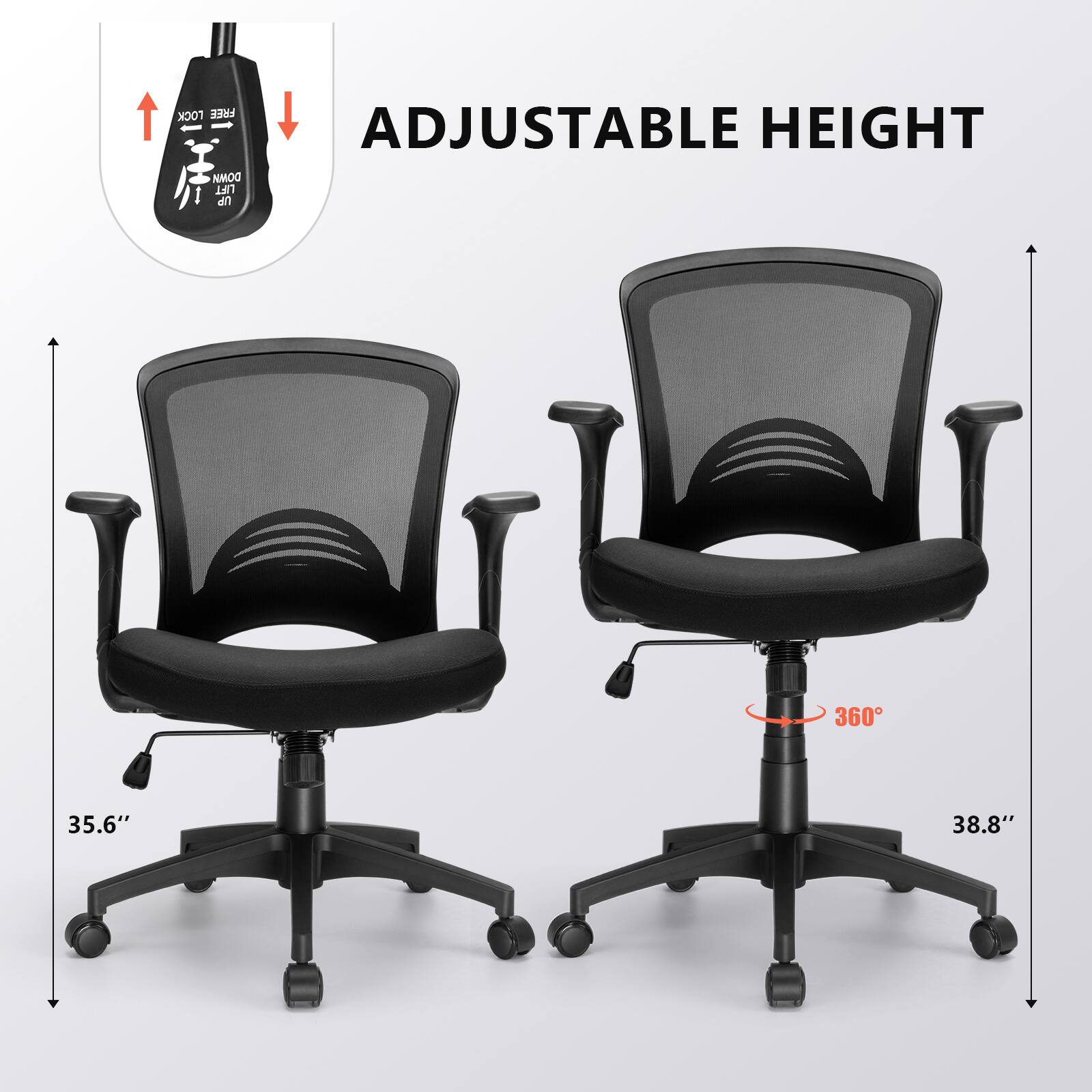 ADJUSTABLE HEIGHT

35.6"  
38.8"  

360°