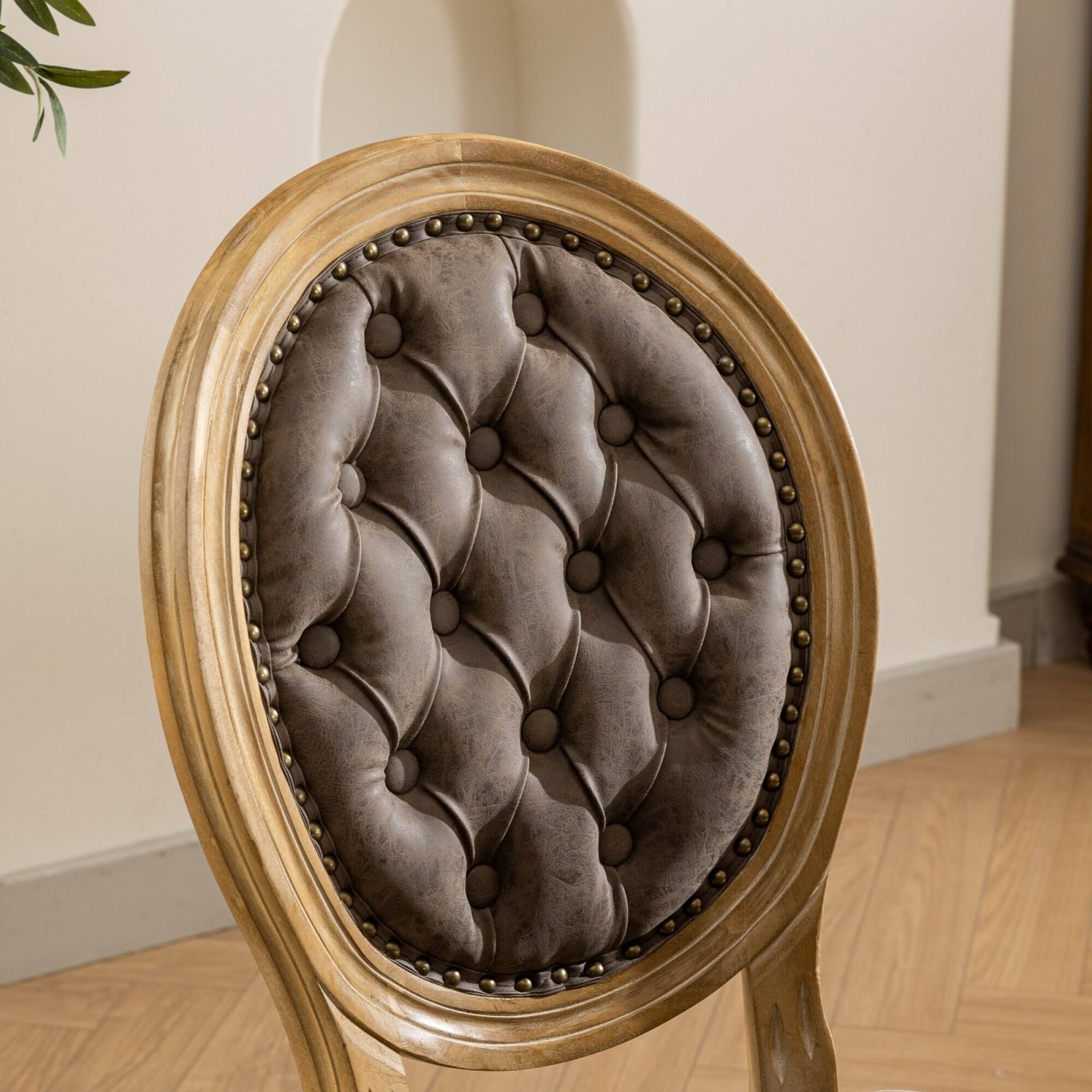 Alt View 5. GOODSILO - French Style Solid Wood Frame Antique Dining Chairs with Hand-Pulled Buckle Decoration and Nailhead Trim, Set of 2 - Brown.