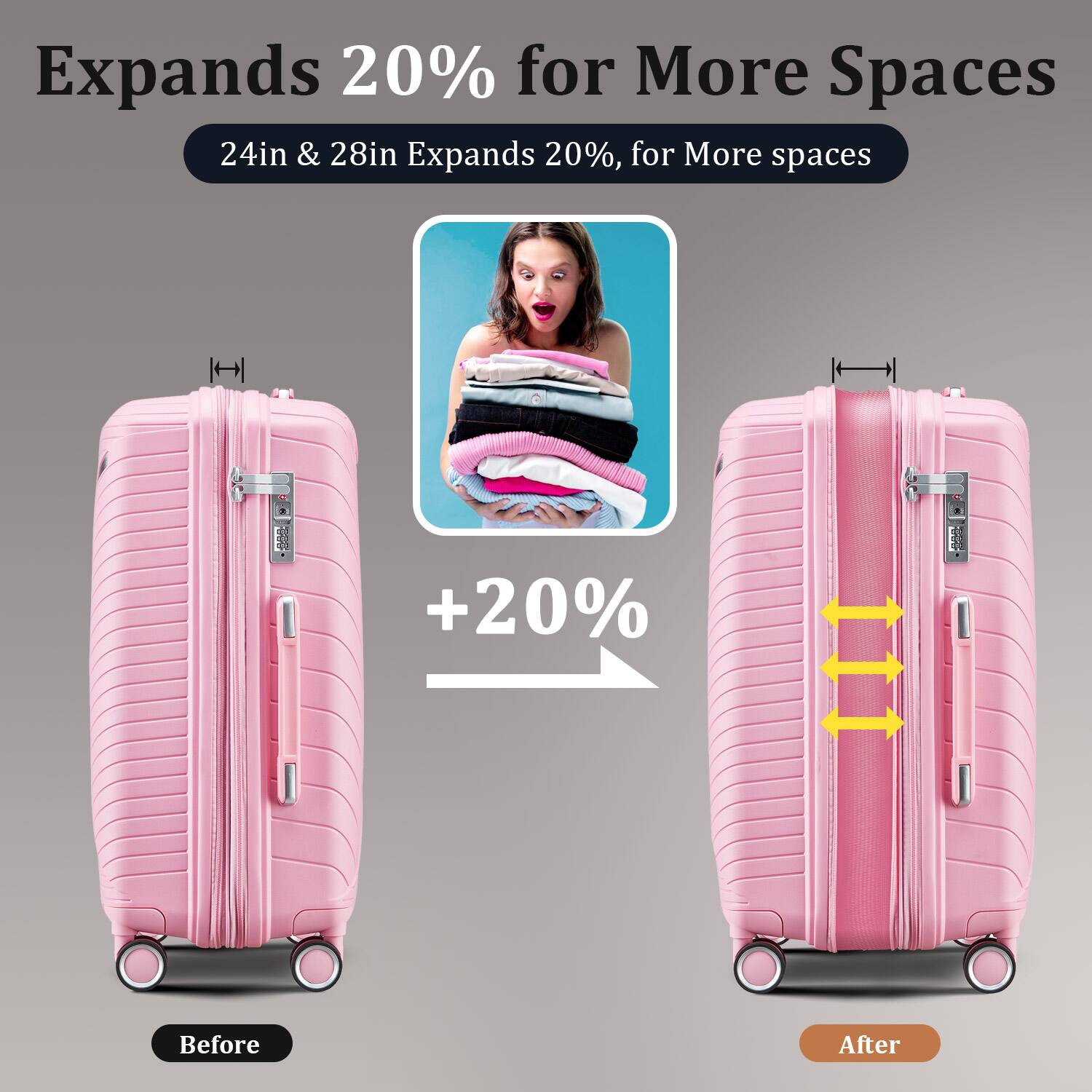 Expands 20% for More Spaces  
24in & 28in Expands 20%, for More spaces  

+20%  

Before  
After