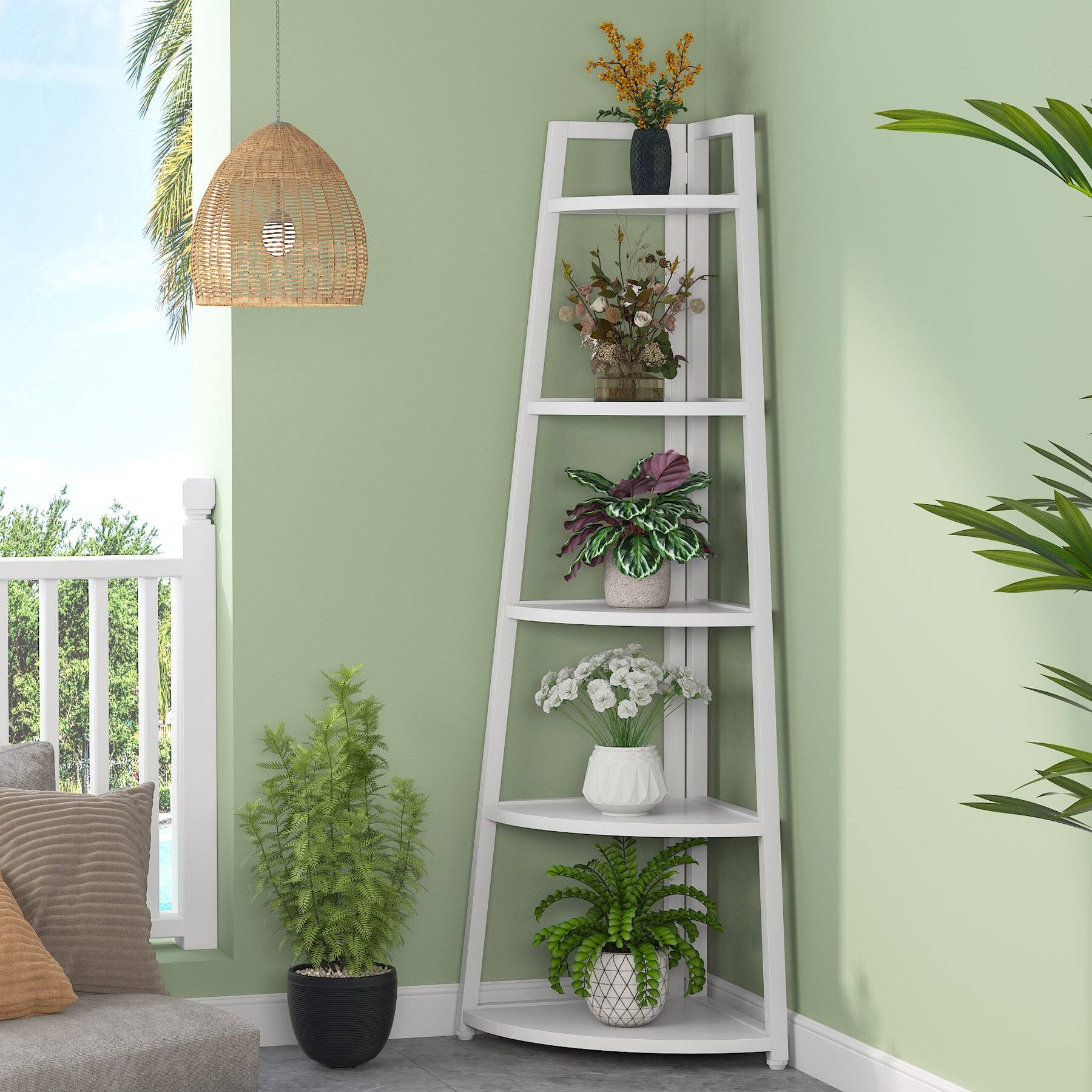 Alt View 1. Tribesigns - Corner Bookshelf with Metal Frame, Storage Shelves and Space-Saving Design for Living Room and Bedroom - White.