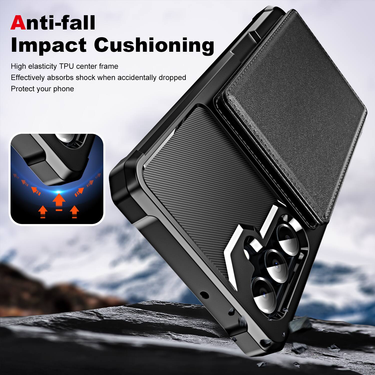 Anti-fall Impact Cushioning

High elasticity TPU center frame
Effectively absorbs shock when accidentally dropped
Protect your phone