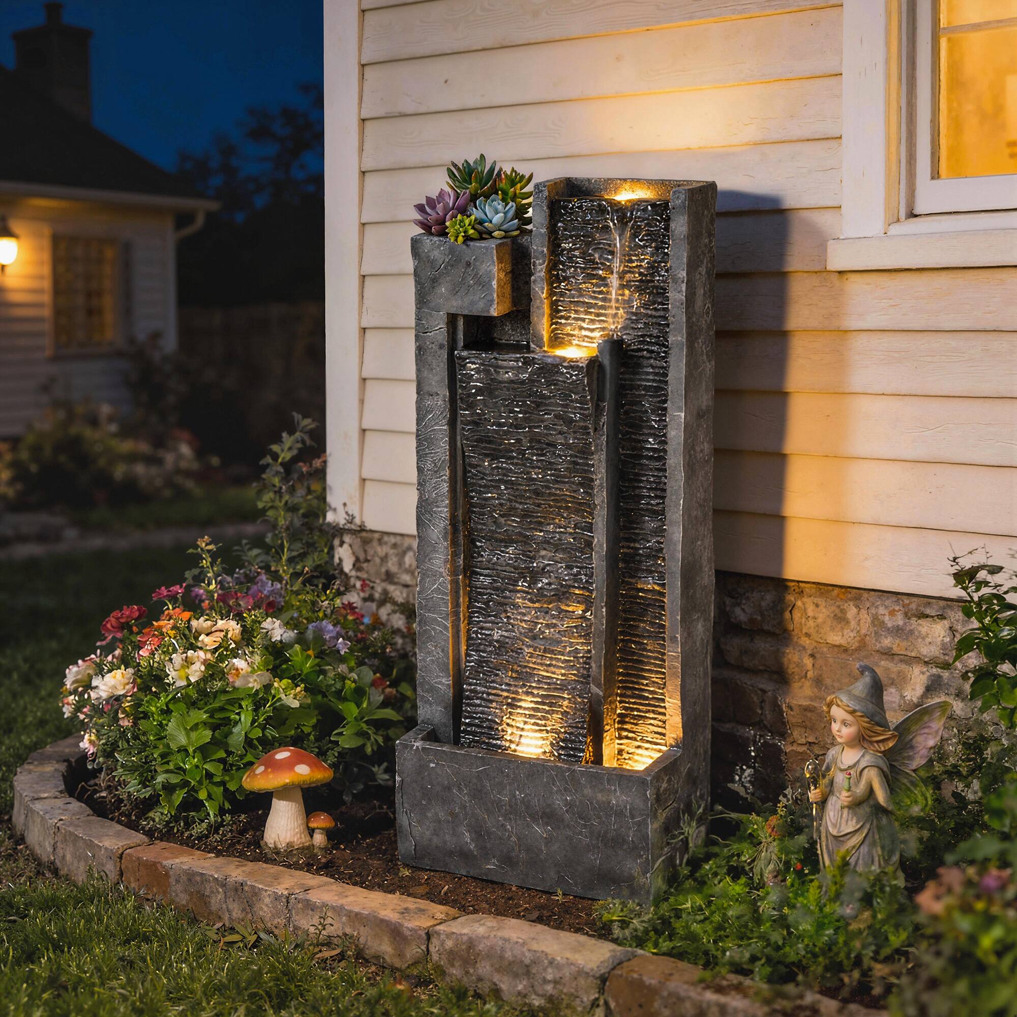 Alt View 1. Outsunny - 40" Tall Outdoor Waterfall Fountain with LED Lights and Planter, 3-Tier Cascading Waterfall Feature with Pump.