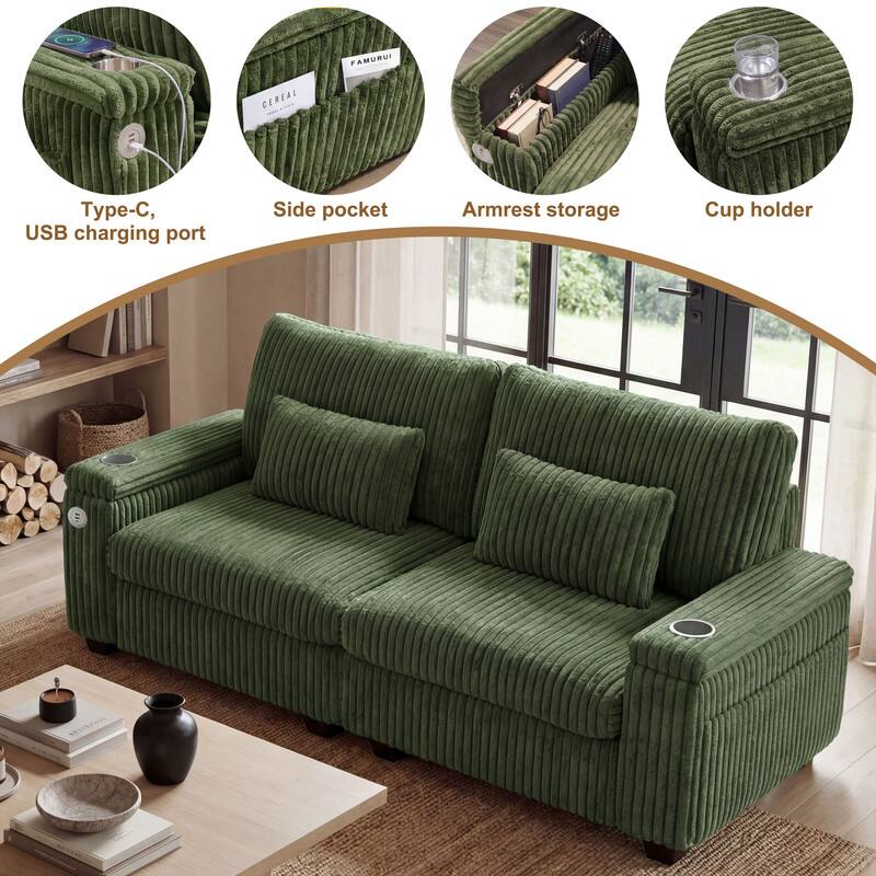 - Type-C, USB charging port
- Side pocket
- Armrest storage
- Cup holder