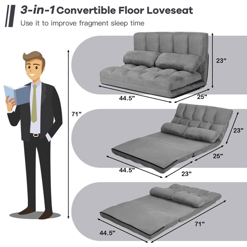 3-in-1 Convertible Floor Loveseat  
Use it to improve fragment sleep time  

Dimensions:  
- 44.5" (width)  
- 25" (depth)  
- 23" (height)  
- 71" (length)