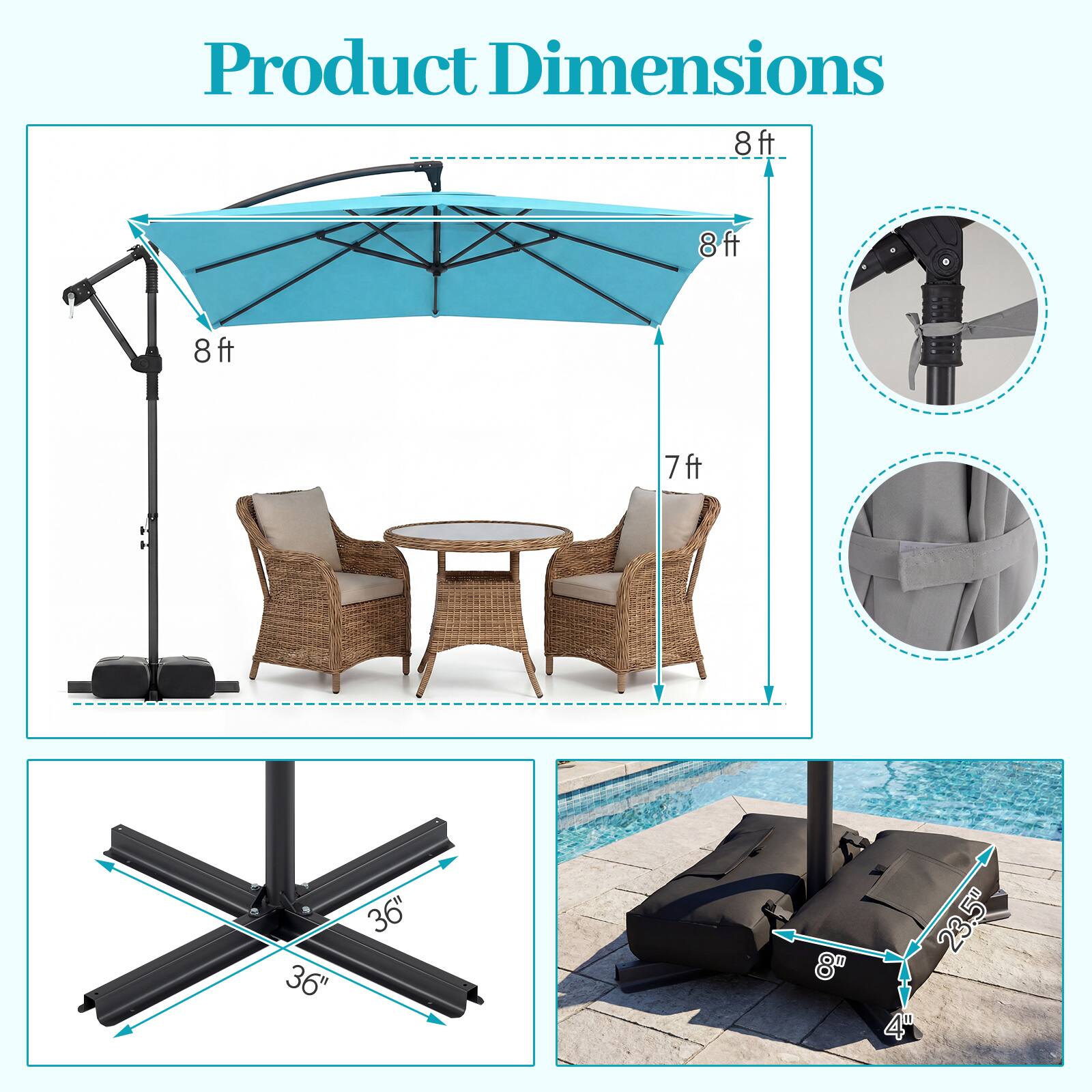 Product Dimensions: 8 ft, 8 ft, 7 ft, 36", 36", 8", 23.5", 4"