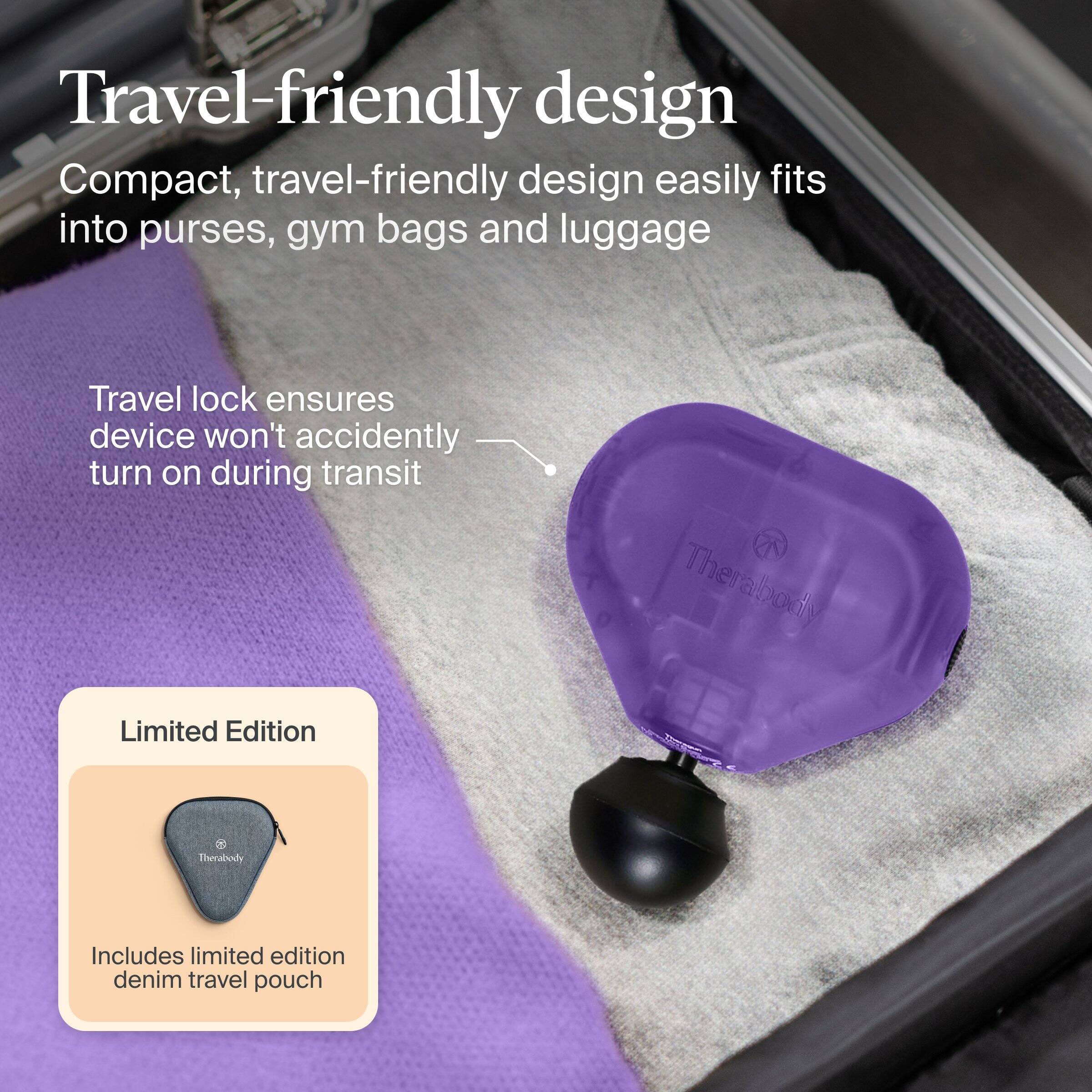 Travel-friendly design  
Compact, travel-friendly design easily fits into purses, gym bags and luggage  

Travel lock ensures device won't accidentally turn on during transit  

Limited Edition  
Includes limited edition denim travel pouch