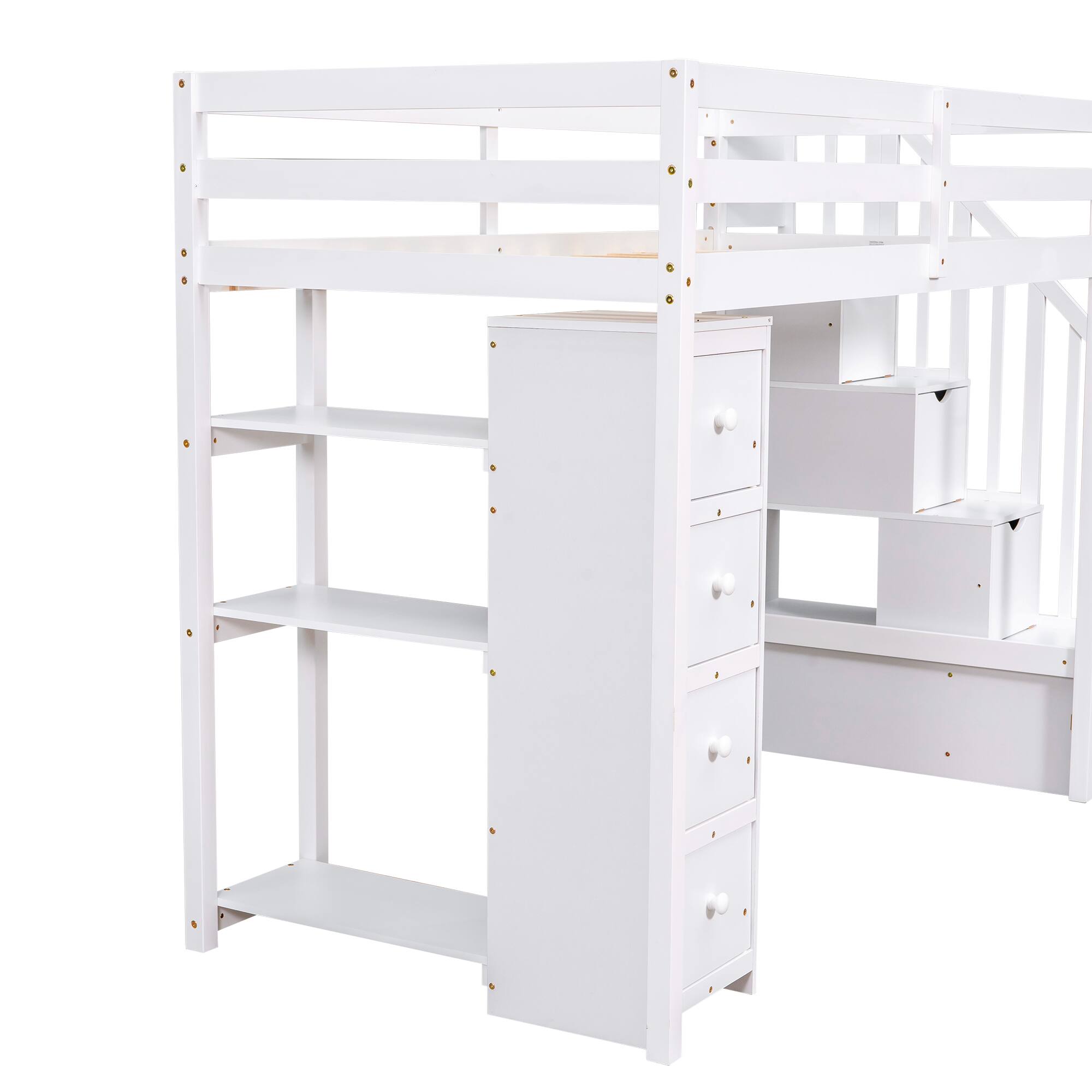 Alt View 1. Aukfa - Twin size Loft Bed with Storage Drawers and Stairs, Wooden Loft Bed with Shelves - White.