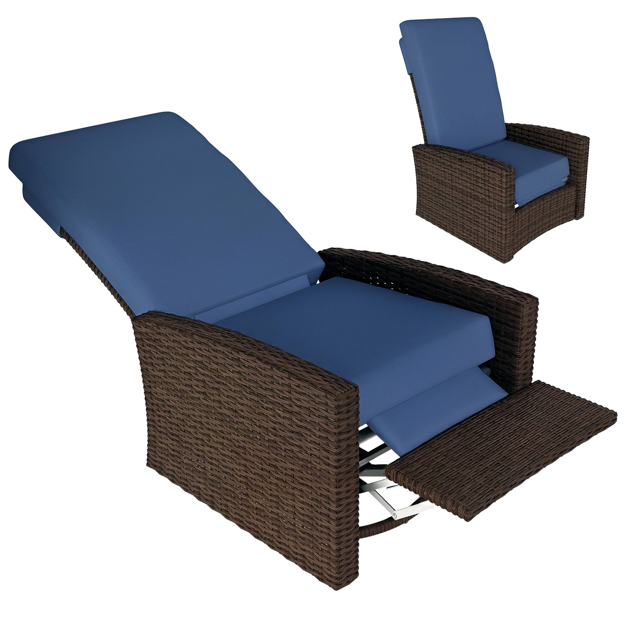 Outsunny - Wicker Swivel Recliner Chair, Lifting Footrest, 360° Rotating Basic, Water-resistant Cushions - Blue