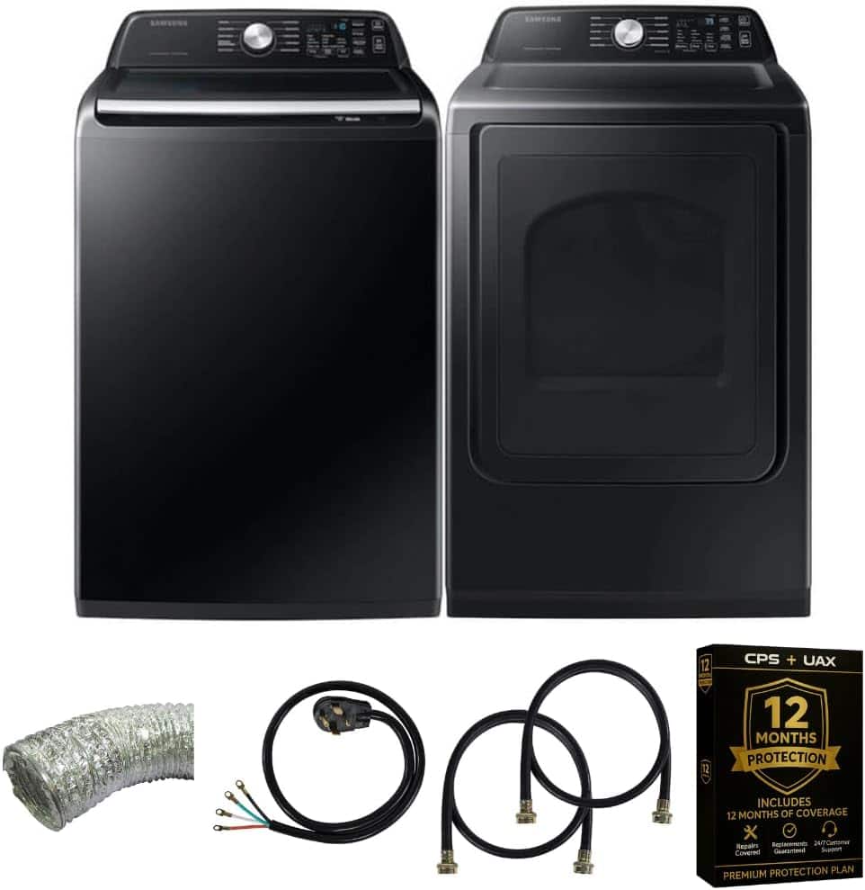 Samsung - Smart 4.7 Cu Ft Top Load Washer & 7.4 Cu Ft Electric Dryer, Sensor Stops Overdrying, Low Vibration Quiet Wash, W - Black