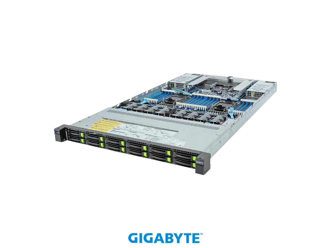 Front. GIGABYTE - GIGABYTE R183-S96-AAV1 Rack Server - 5th/4th Gen Intel® Xeon® Scalable - 1U DP 12-Bay Gen5 NVMe/SATA/SAS-4 Titanium.