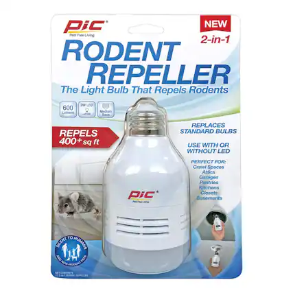 Pic Pest Free Living
RODENT REPELLER
The Light Bulb That Repels Rodents
600 Lumens
9W LED
65W Medium Base
REPELS 400+ sq ft
REPLACES STANDARD BULBS
USE WITH OR WITHOUT LED
PERFECT FOR:
Crawl Spaces
Attics
Garages
Pantry
Kitchens
Closets
Basements
SILENT TO HUMANS AND PETS
NON-RODENT
NET CONTENTS:
1 (2-9/16" RODENT REPELLER)
NEW
2-in-1