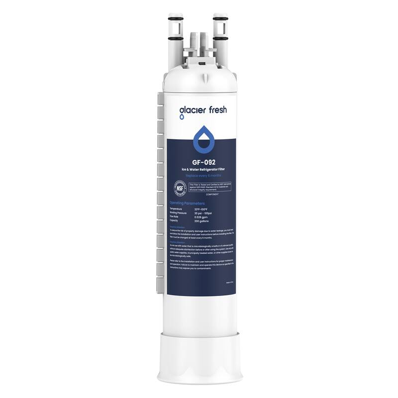 alacier fresh GF-092  
4 wener Refrigerator Filter  
Replace every 6 months  

NSF  
Operating Parameters  
Temperature 32-100  
Storage Pressure - 100 psi  
Capacity - 100 gallons  

- NSF  
- CA  
- SSN  
- Operating Parameters  
- Temperature 32-100  
- Storage Pressure - 100 psi  
- Capacity - 100 gallons