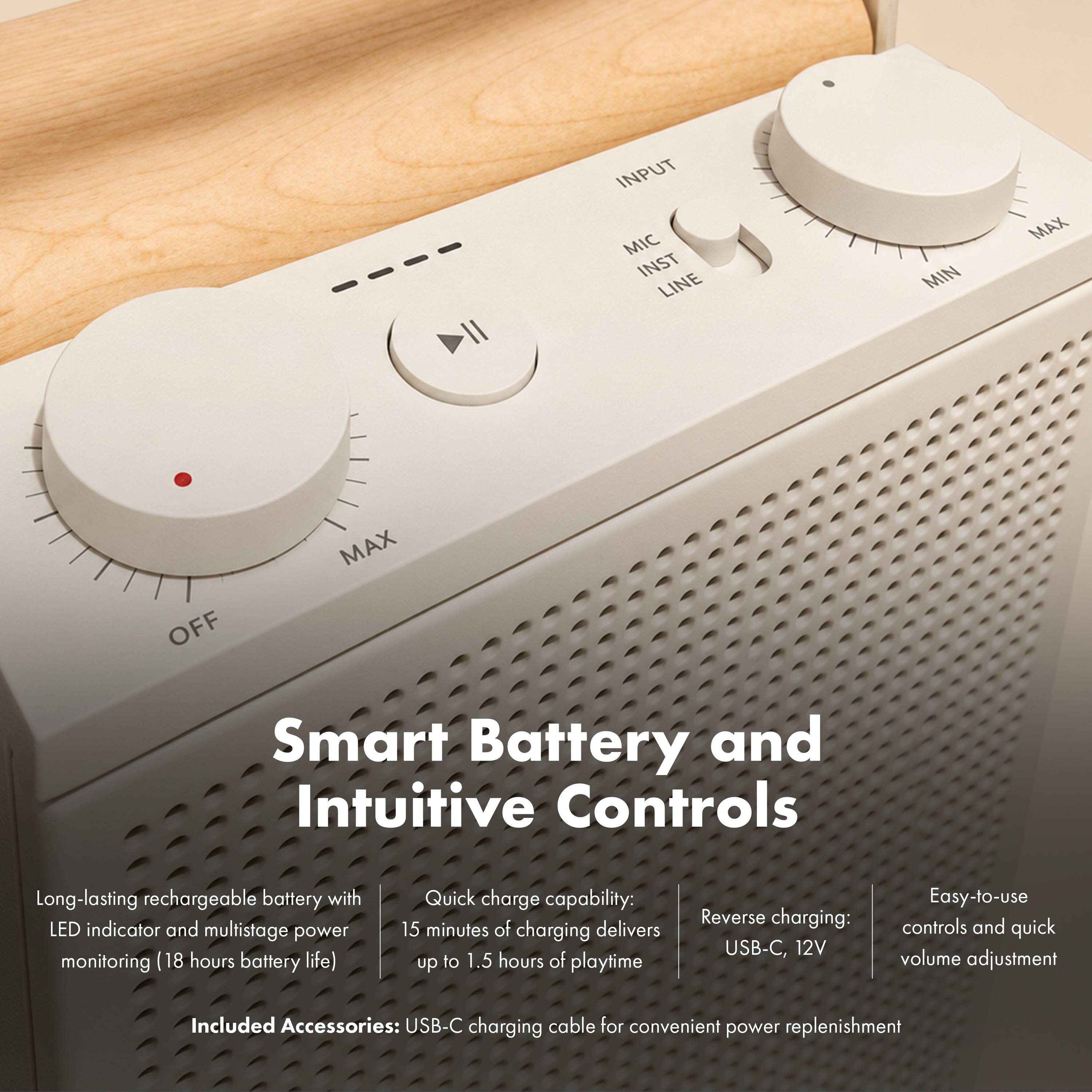 INPUT MIC INST LINE  
MIN  
MAX  
OFF  
MAX  

Smart Battery and Intuitive Controls  
Long-lasting rechargeable battery with LED indicator and multistage power monitoring (18 hours battery life)  
Quick charge capability: 15 minutes of charging delivers up to 1.5 hours of playtime  
Reverse charging: USB-C, 12V  
Easy-to-use controls and quick volume adjustment  
Included Accessories: USB-C charging cable for convenient power replenishment