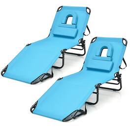 Gymax - 2PCS Beach Chaise Lounge Chair w/ Face Hole Pillows & Adjustable Backrest - Navy