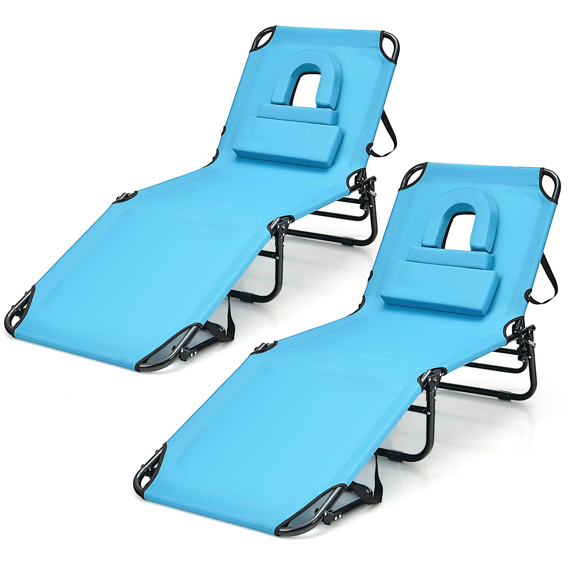 Front. Gymax - Gymax 2PCS Beach Chaise Lounge Chair w/ Face Hole Pillows & Adjustable Backrest - Navy.