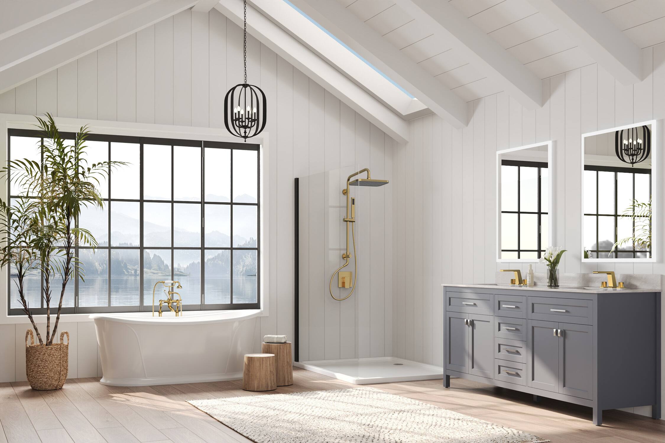 Left. GRANDJOY - Exposed Shower System with 12-Inch Rectangular Head & 3-Function Diverter - Brushed Gold.