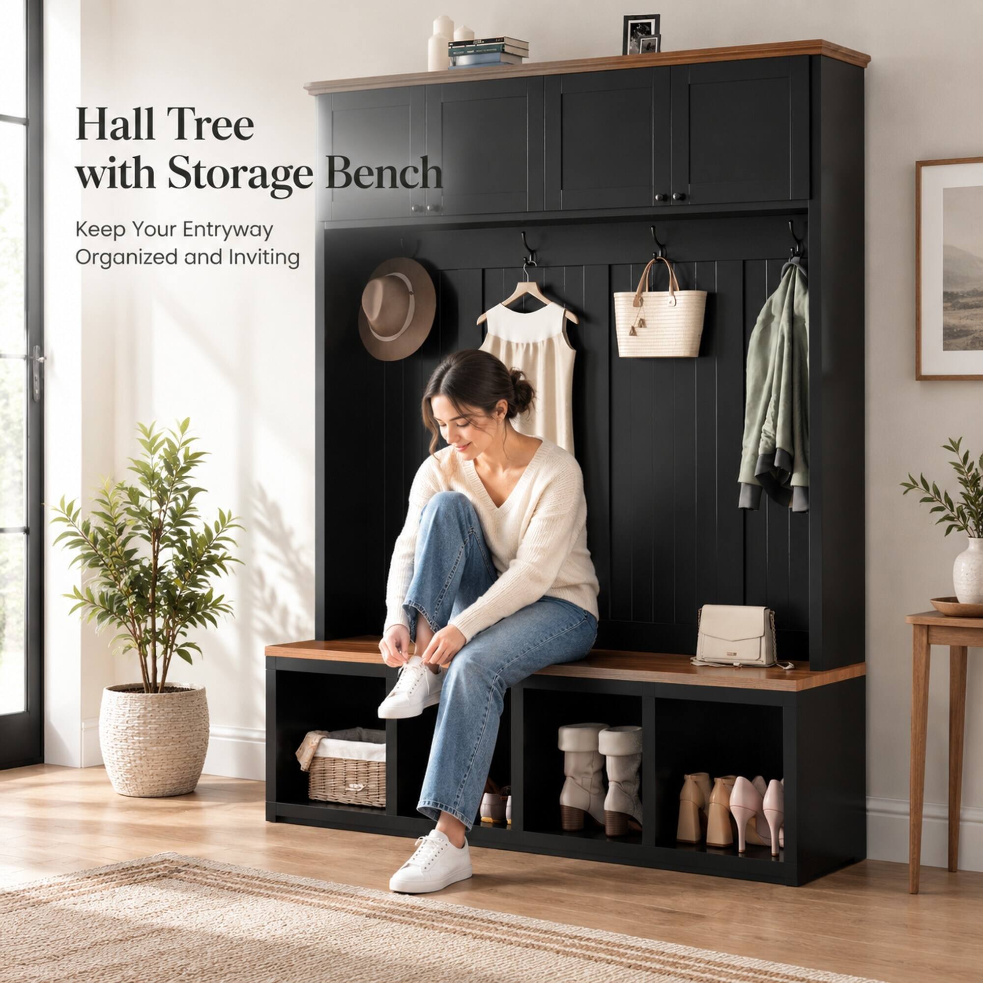 Hall Tree with Storage Bench  
Keep Your Entryway Organized and Inviting