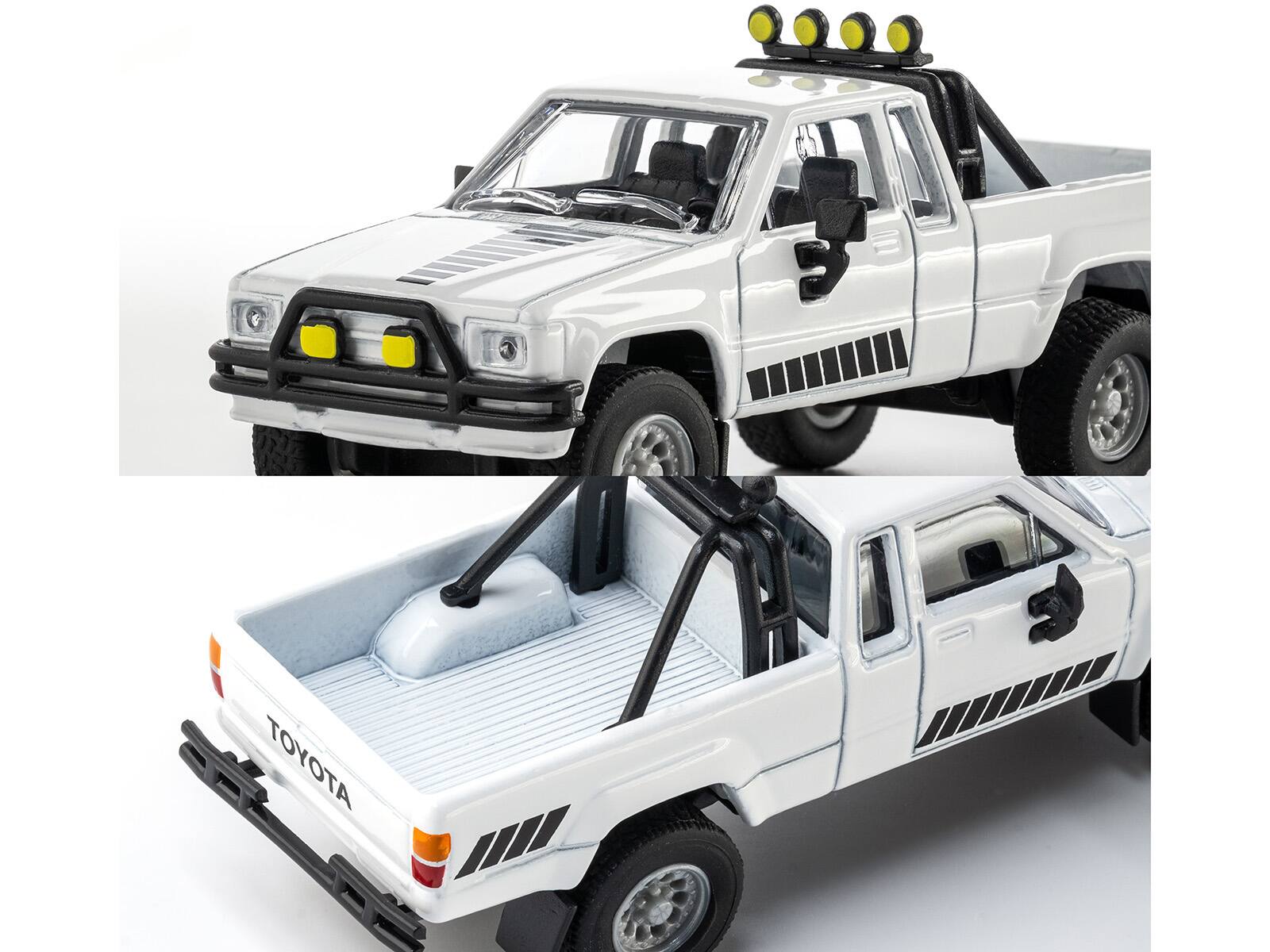 Alt View 1. Majorette - 1985 Toyota Hilux SR5 Pickup Truck White with Black Graphics "Collection" Series 1/64 Diecast Model Car by Majorette.