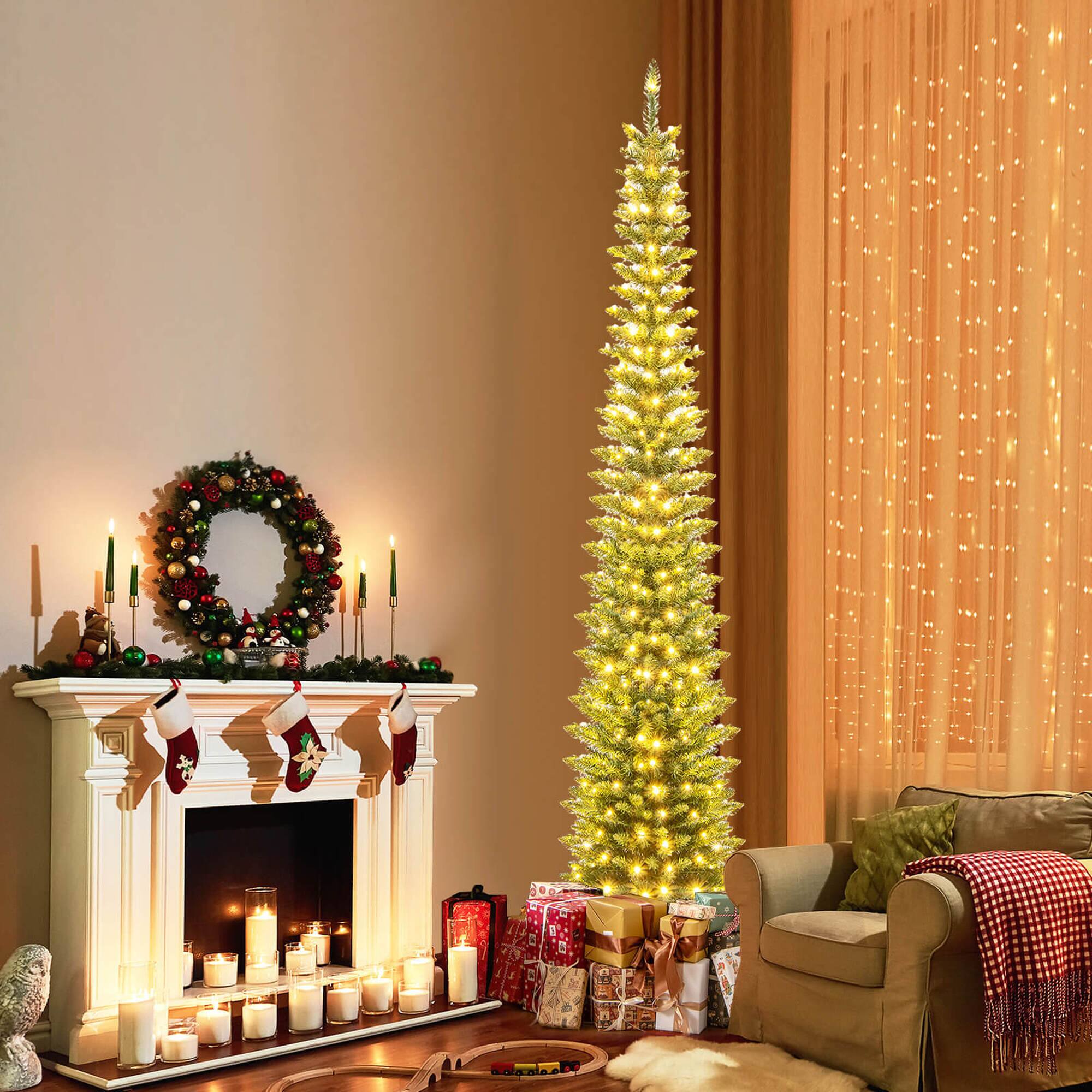 Alt View 4. Costway - Costway 8 FT Pre-Lit Pencil Christmas Tree with 300 LED Lights & 591 Branch Tips Party - Green.