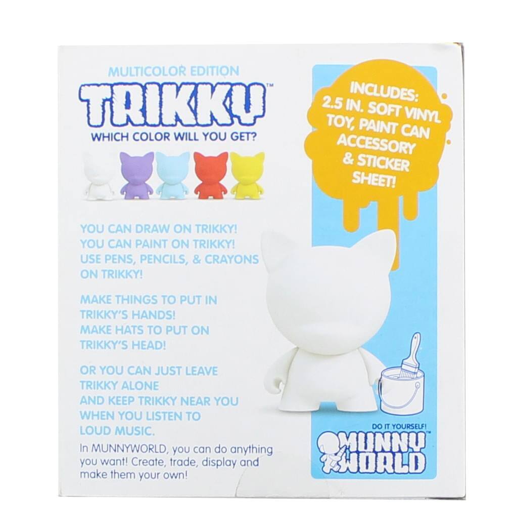 MULTICOLOR EDITION INCLUDES: TRIKKU 2.5 IN. SOFT VINYL TOY, PAINT CAN, ACCESSORY & STICKER SHEET! WHICH COLOR WILL YOU GET? YOU CAN DRAW ON TRIKKY! YOU CAN PAINT ON TRIKKY! USE PENS, PENCILS, & CRAYONS ON TRIKKY! MAKE THINGS TO PUT IN TRIKKY'S HANDS! MAKE HATS TO PUT ON TRIKKY'S HEAD! OR YOU CAN JUST LEAVE TRIKKY ALONE AND KEEP TRIKKY NEAR YOU WHEN YOU LISTEN TO LOUD MUSIC. In MUNNYWORLD, you can do anything you want! Create, trade, display and make them your own! DO IT YOURSELF! MUNNY WORLD