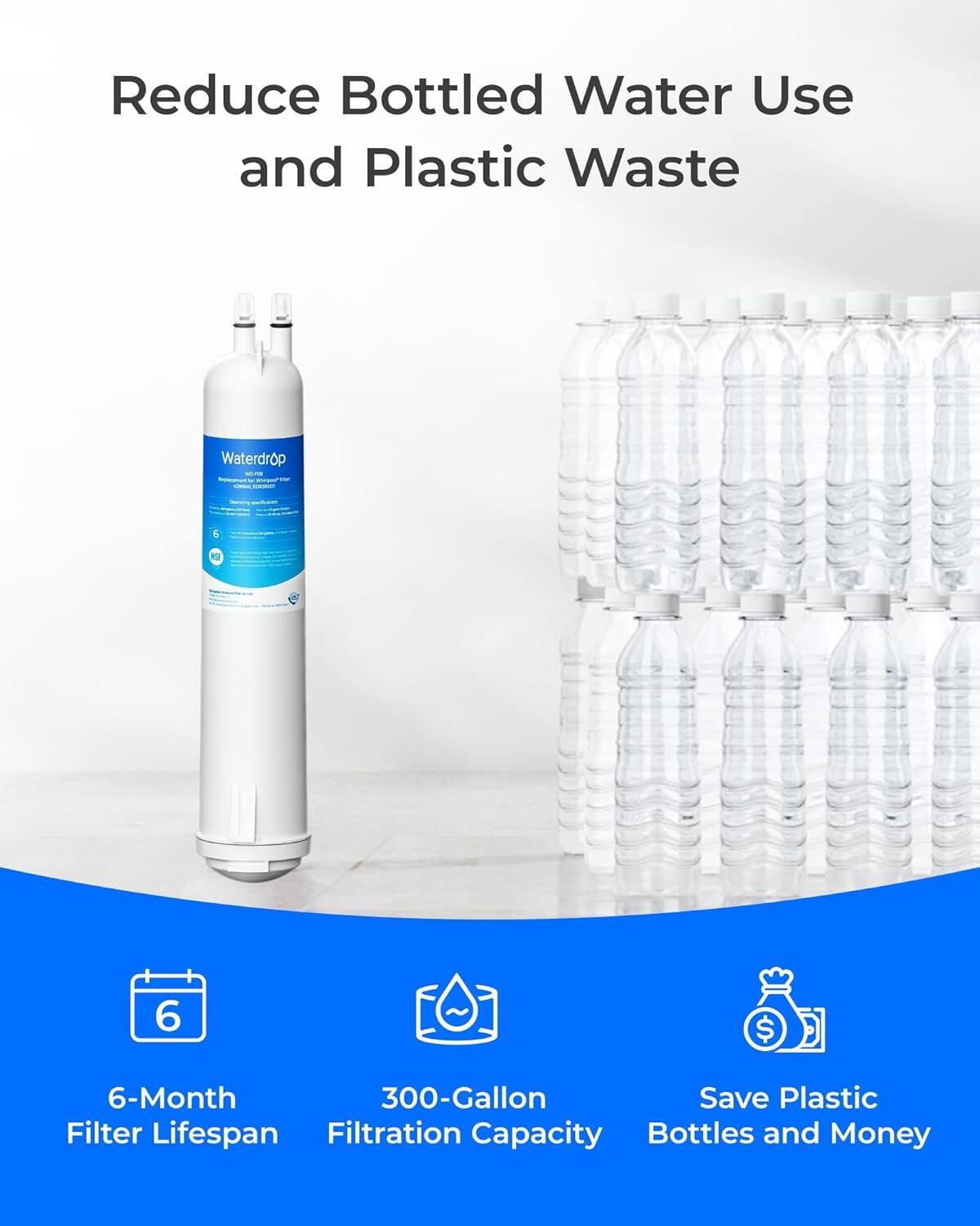 Reduce Bottled Water Use and Plastic Waste

Waterdrop Replacement for Whirlpool

6-Month Filter Lifespan

300-Gallon Filtration Capacity

Save Plastic Bottles and Money