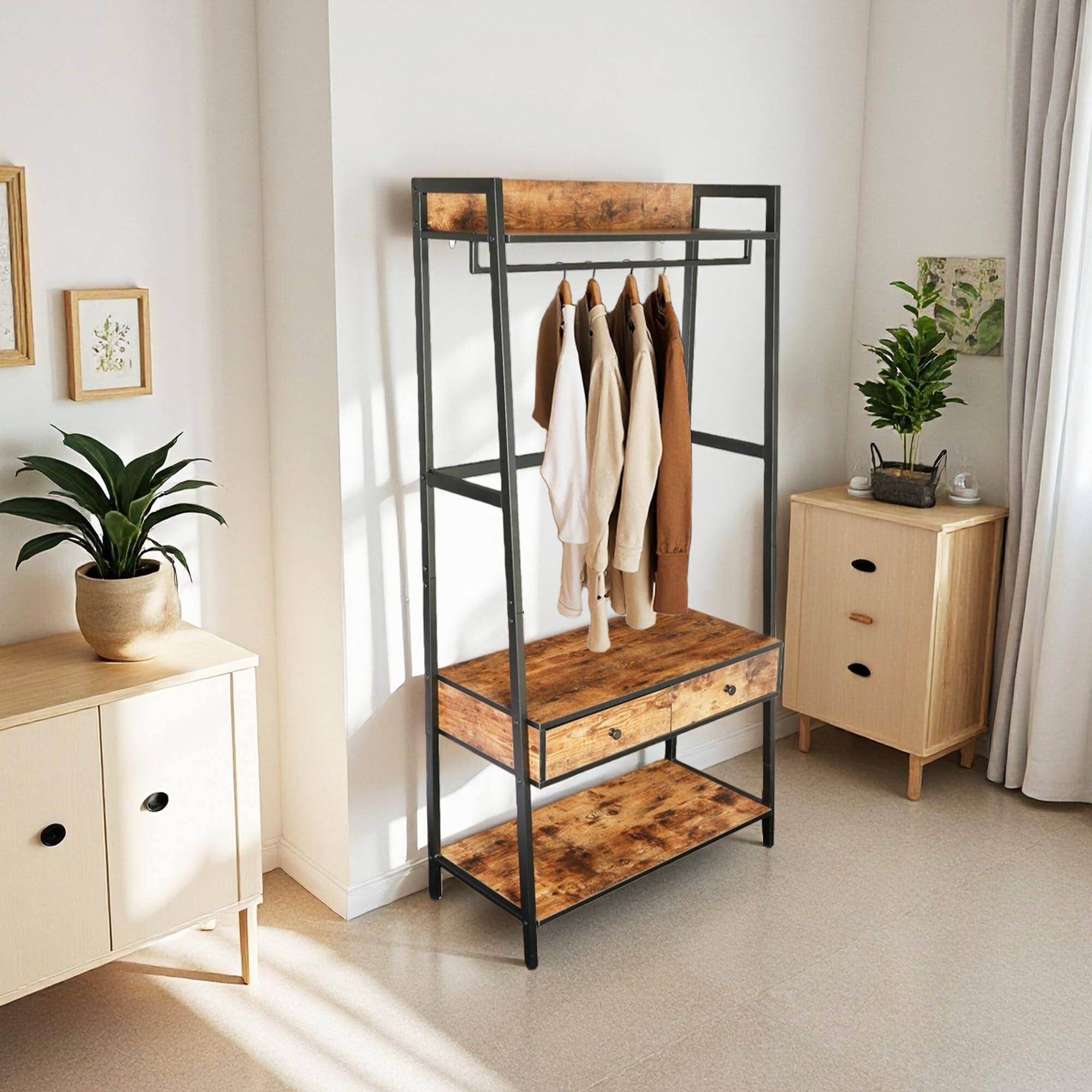 Left. JJS - Industrial Rustic Hall Tree Shoe Bench With Storage Drawers And Shelf - Rustic Brown.