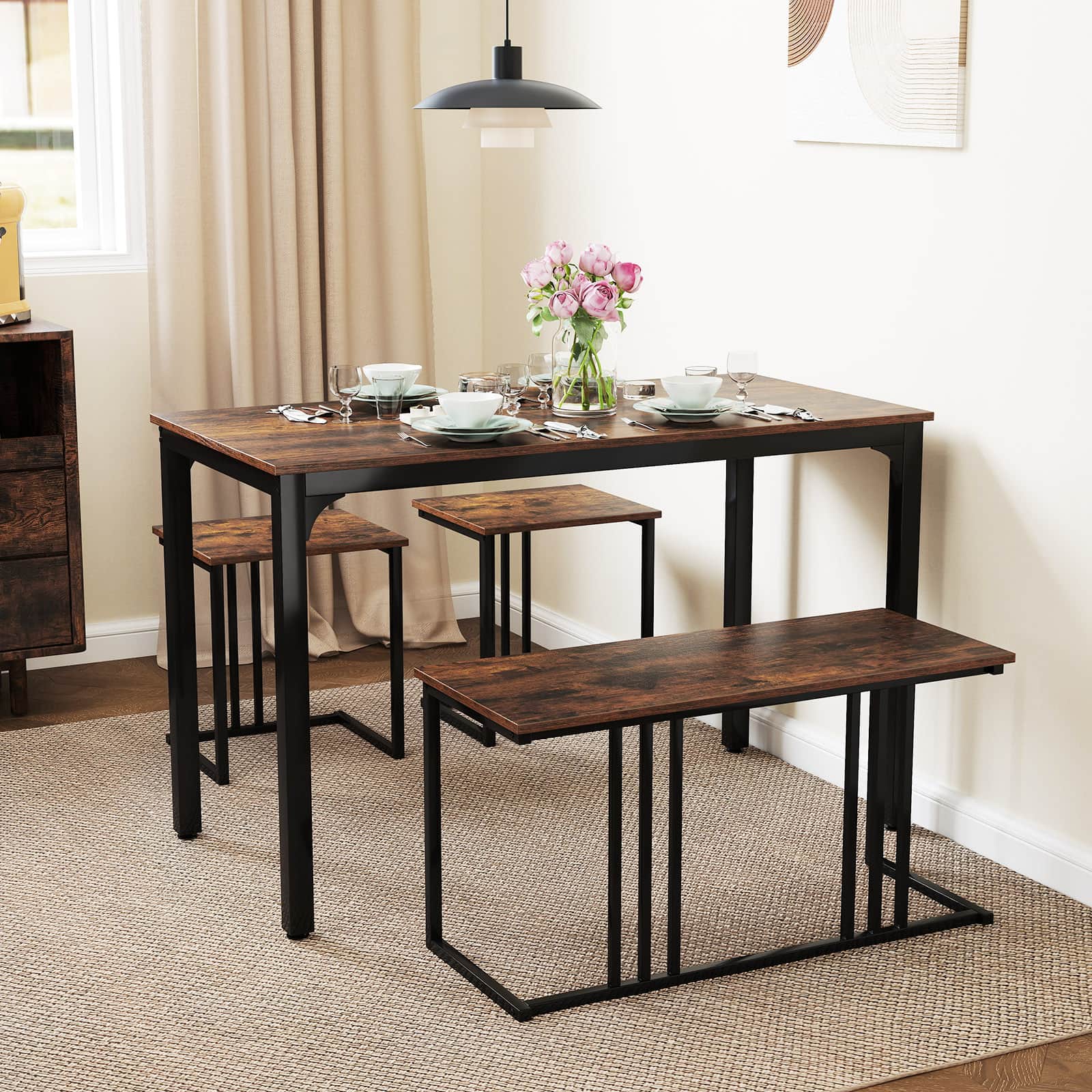 Gymax - 4-Piece Dining Table Set Industrial Kitchen Table Set w/ Bench & 2 Stools - Oak, Black price history on PriceWatchPro