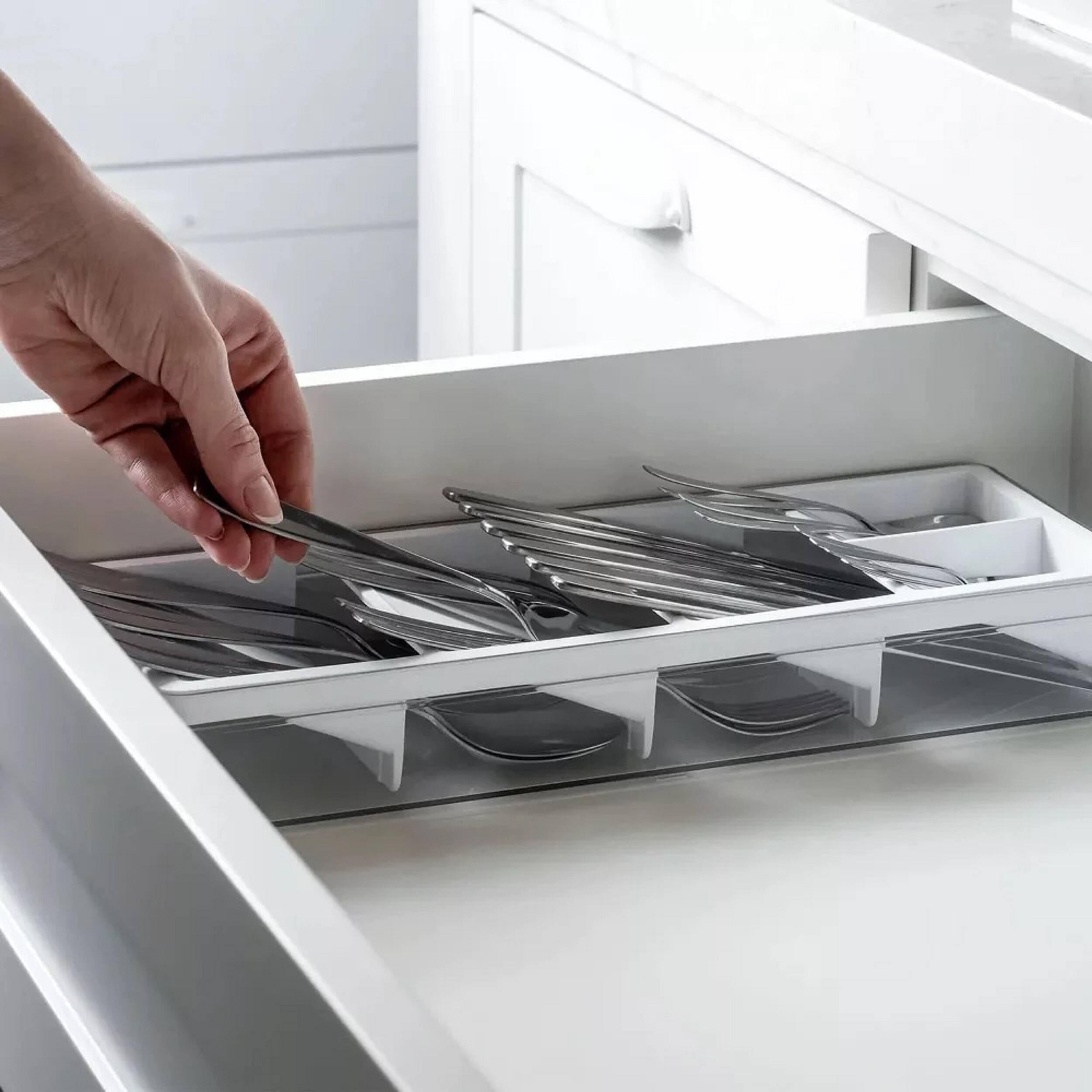 Left. OU - OU In-Drawer Silverware & Utensils Organizer, 5 Compartments Flatware Storage - 14.75" x 5.9" - White - White.