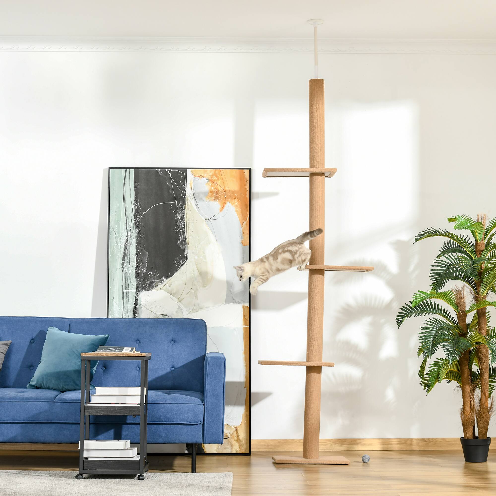 Angle. TinyHomie - Floor-to-Ceiling Cat Tree Cat Climbing Tower with Sisal-Covered Scratching Posts Natural Cat Tree Activity Center - Brown.