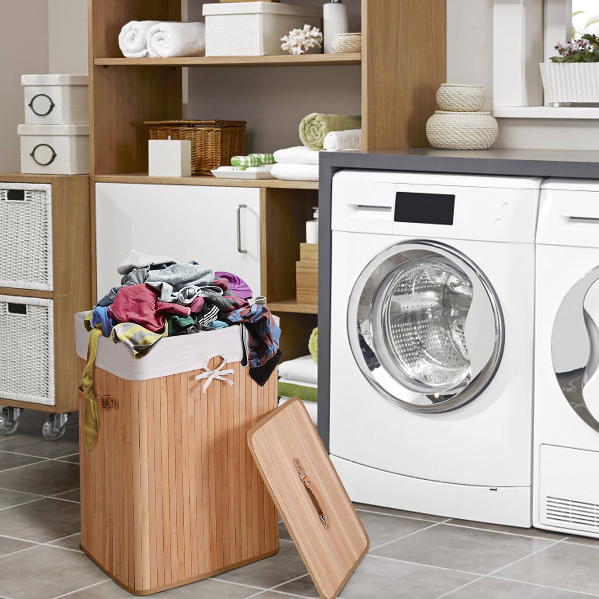 Alt View 12. Costway - Rectangle Bamboo Hamper Laundry Basket Washing Cloth Bin Bag Lid Natural - Natural/White.