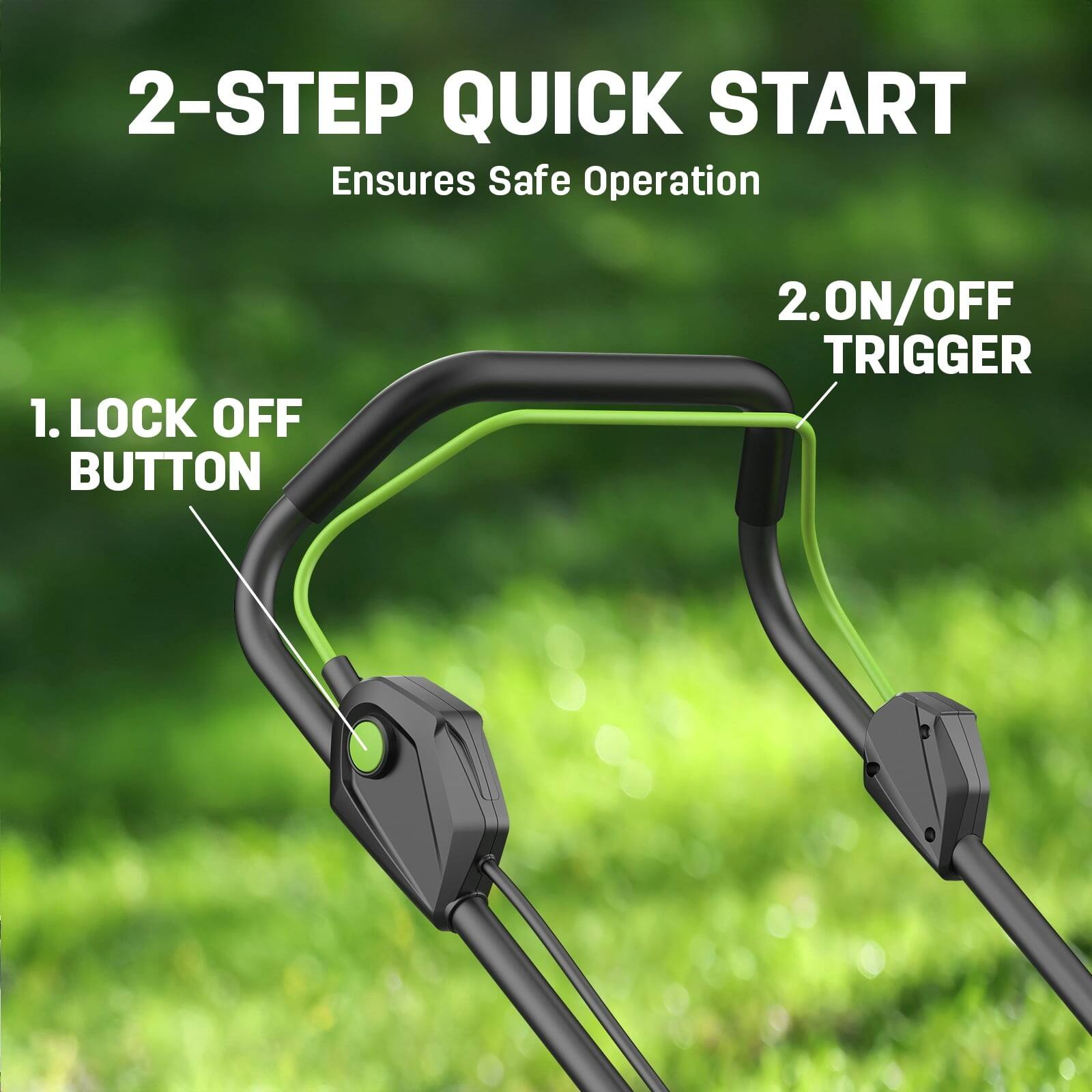 2-STEP QUICK START  
Ensures Safe Operation

1. LOCK OFF BUTTON  
2. ON/OFF TRIGGER