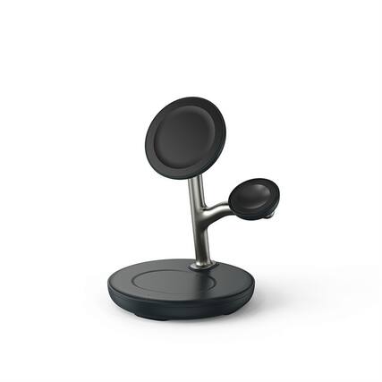Front. RISOKEYS - RISOKEYS 3-in-1 Wireless Charger - Magnetic Phone Stand for Apple 16, 14, Watch, and Bluetooth Earbuds - Black.