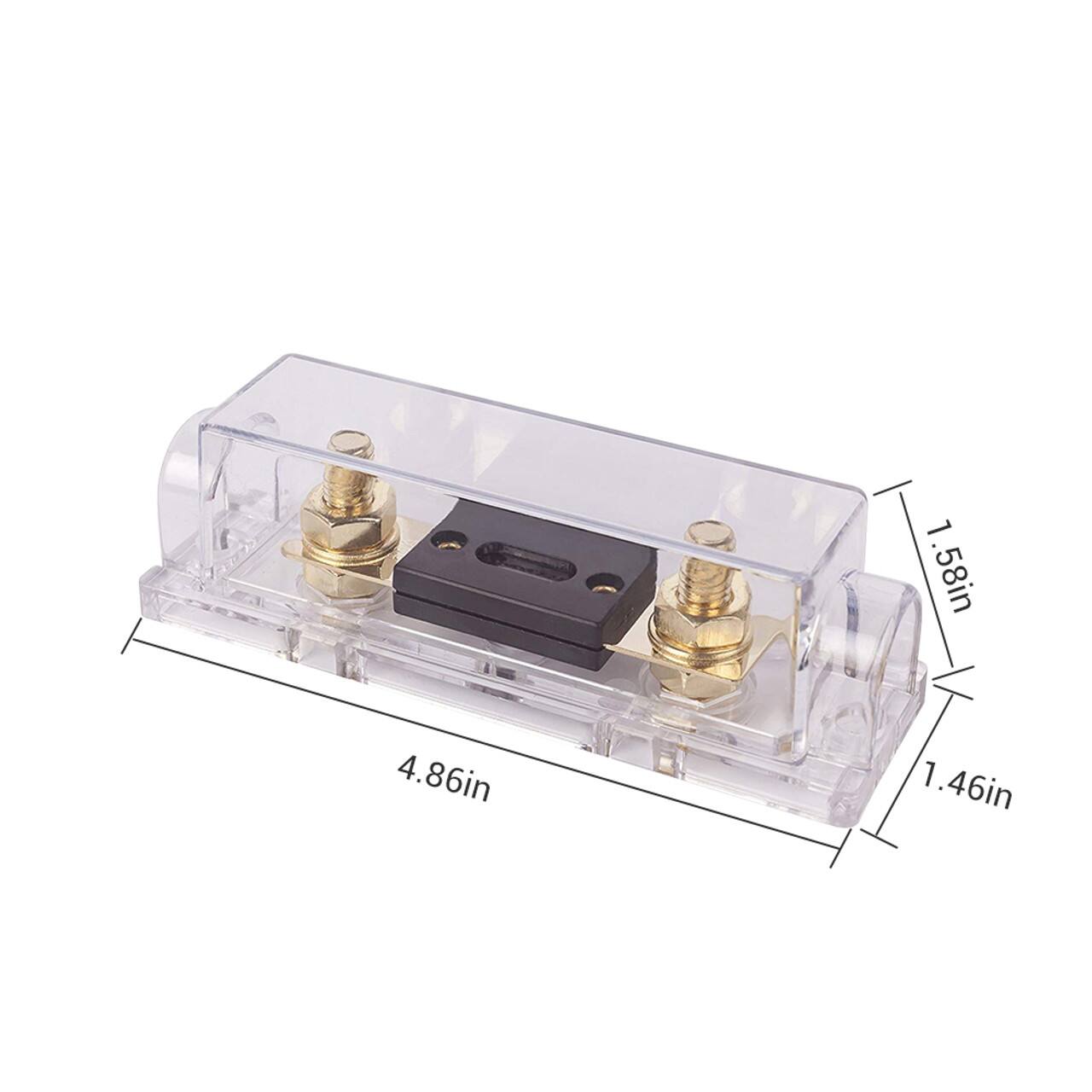 The image shows a clear plastic box with a black and gold plug. The box measures 4.86 inches in length, 1.58 inches in width, and 1.46 inches in height.