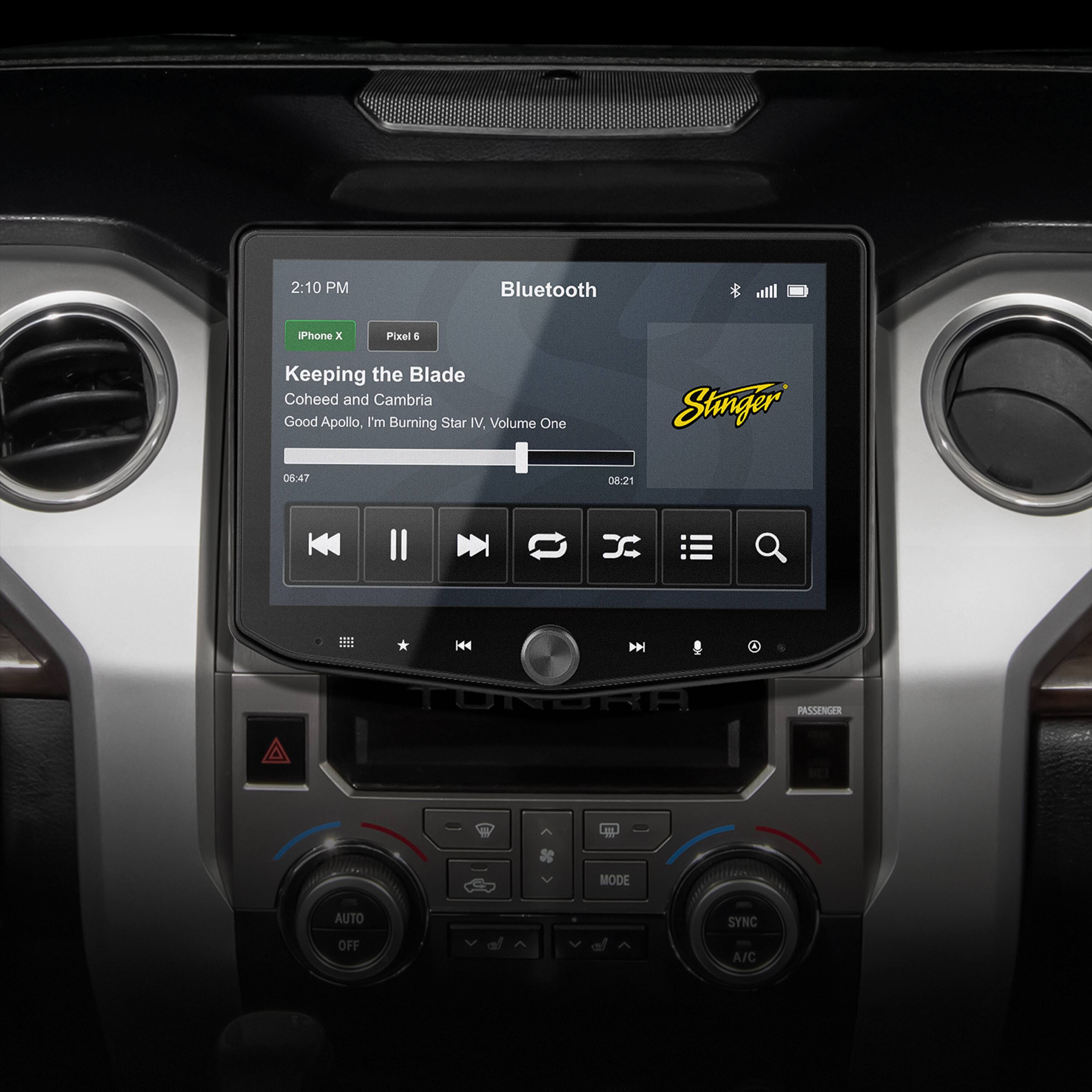 The text on the image reads: "2:10 PM Bluetooth iPhone x Pinel 5 Keeping the Blade Coheed and Cambria Good Apollo, I'm Burning Star V. Volume One Stinger 06:47 08:21 E .... H4  TURGRH PASSENGER uL MODE AUTO SYNC OFF A/C."