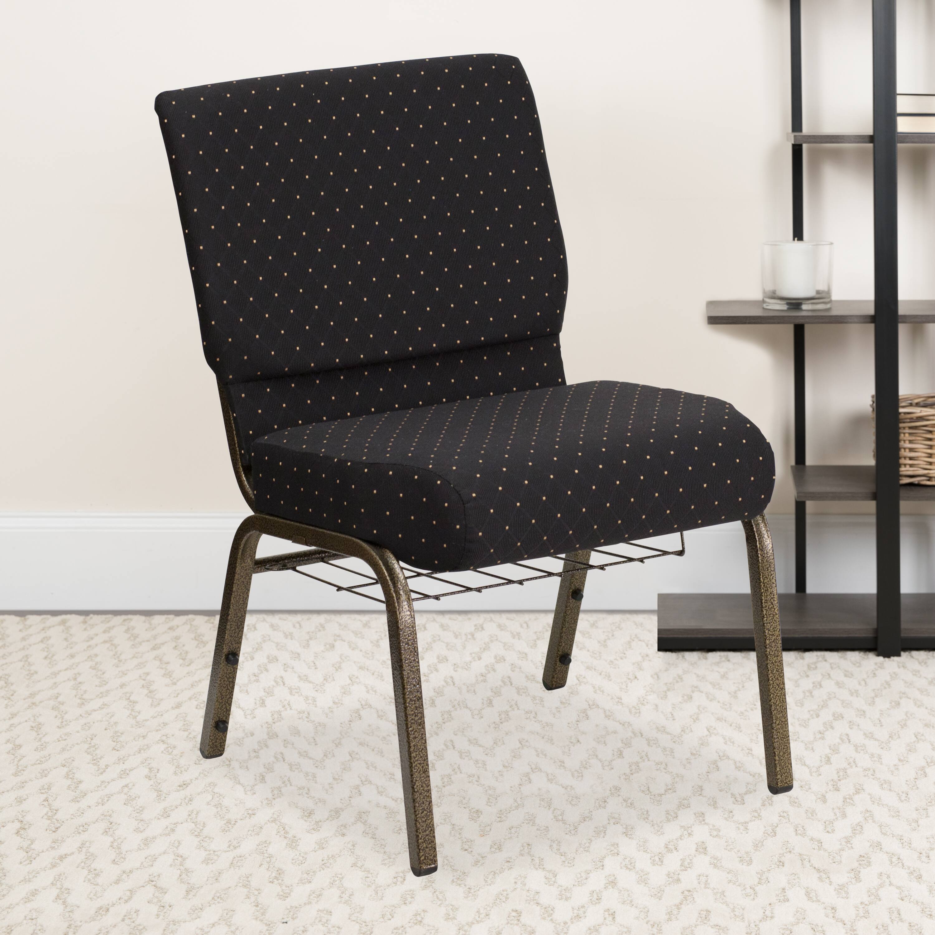 Alt View 1. Emma + Oliver - 21"W Church/Reception Guest Chair with Communion Cup Book Rack - Black Dot Patterned Fabric/Gold Vein Frame.