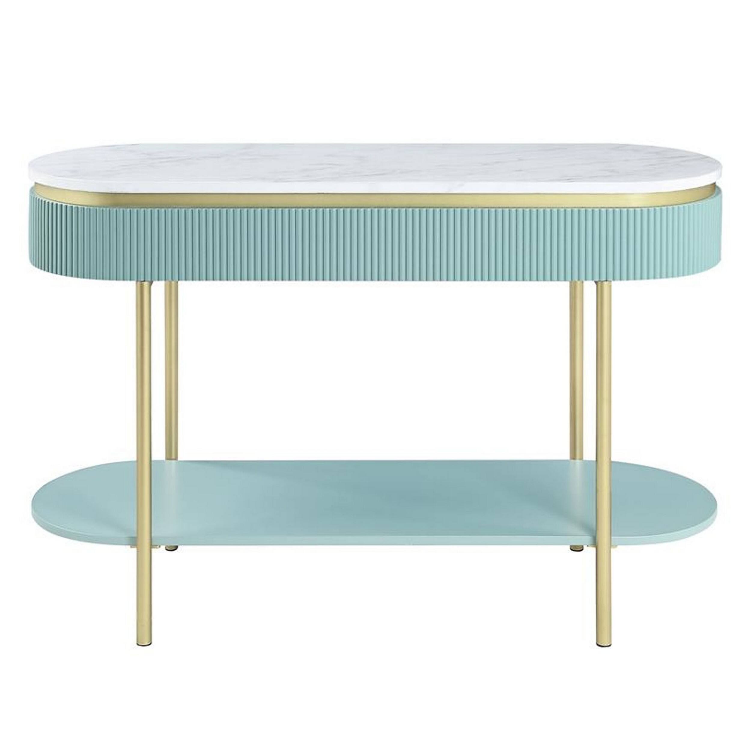 Alt View 2. Manhattan Lane - Ville 48 Inch Sofa Console Table, White Faux Marble Top, Teal Reeded Edge - White, Teal, Gold.