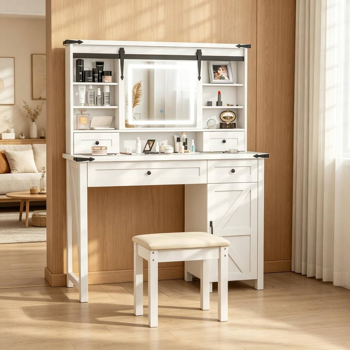 Angle. Loheer - Loheer Makeup Vanity with LED Mirror and Cushioned Stool, White Storage Desk - White.