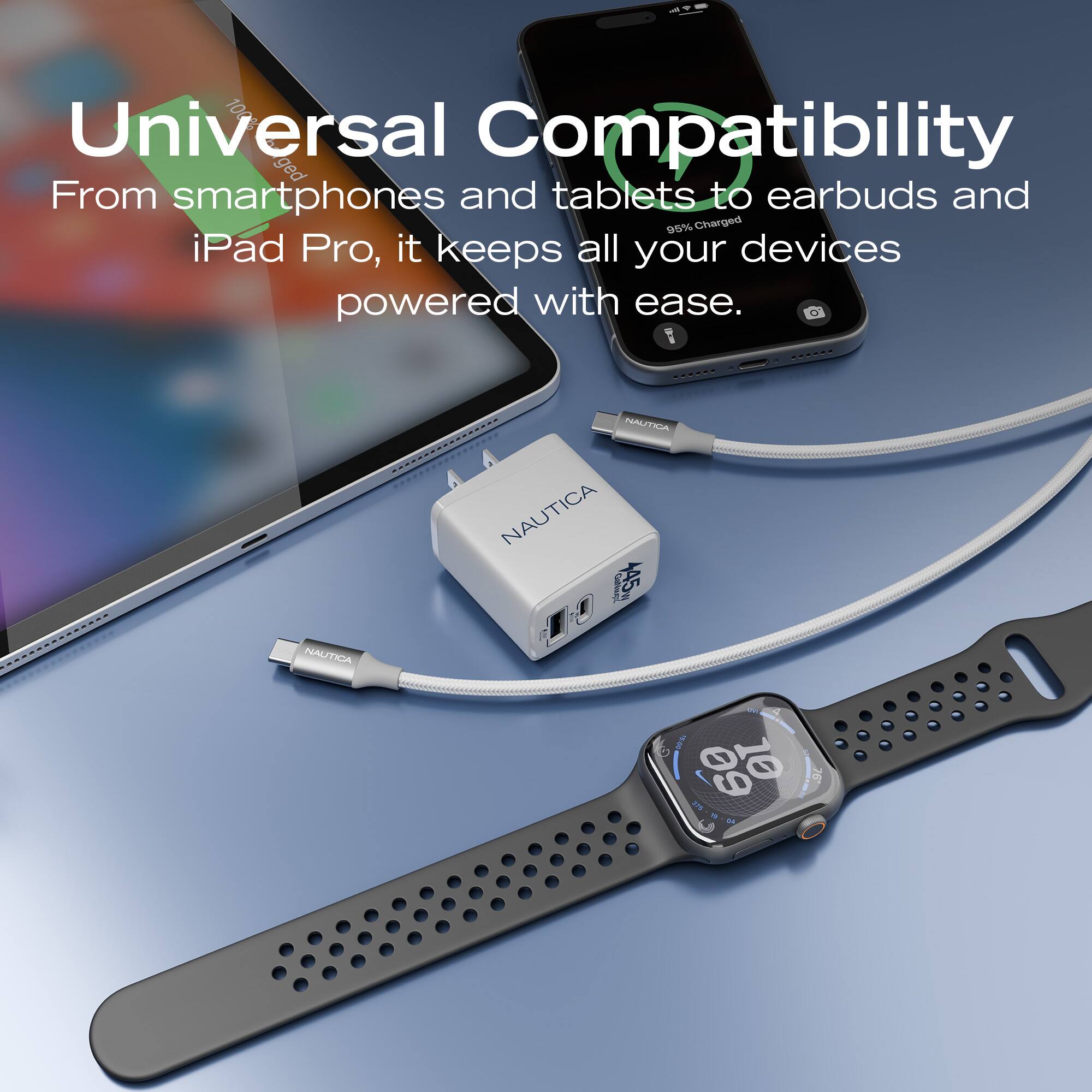 Universal Compatibility  
From smartphones and tablets to earbuds and iPad Pro, it keeps all your devices powered with ease.
