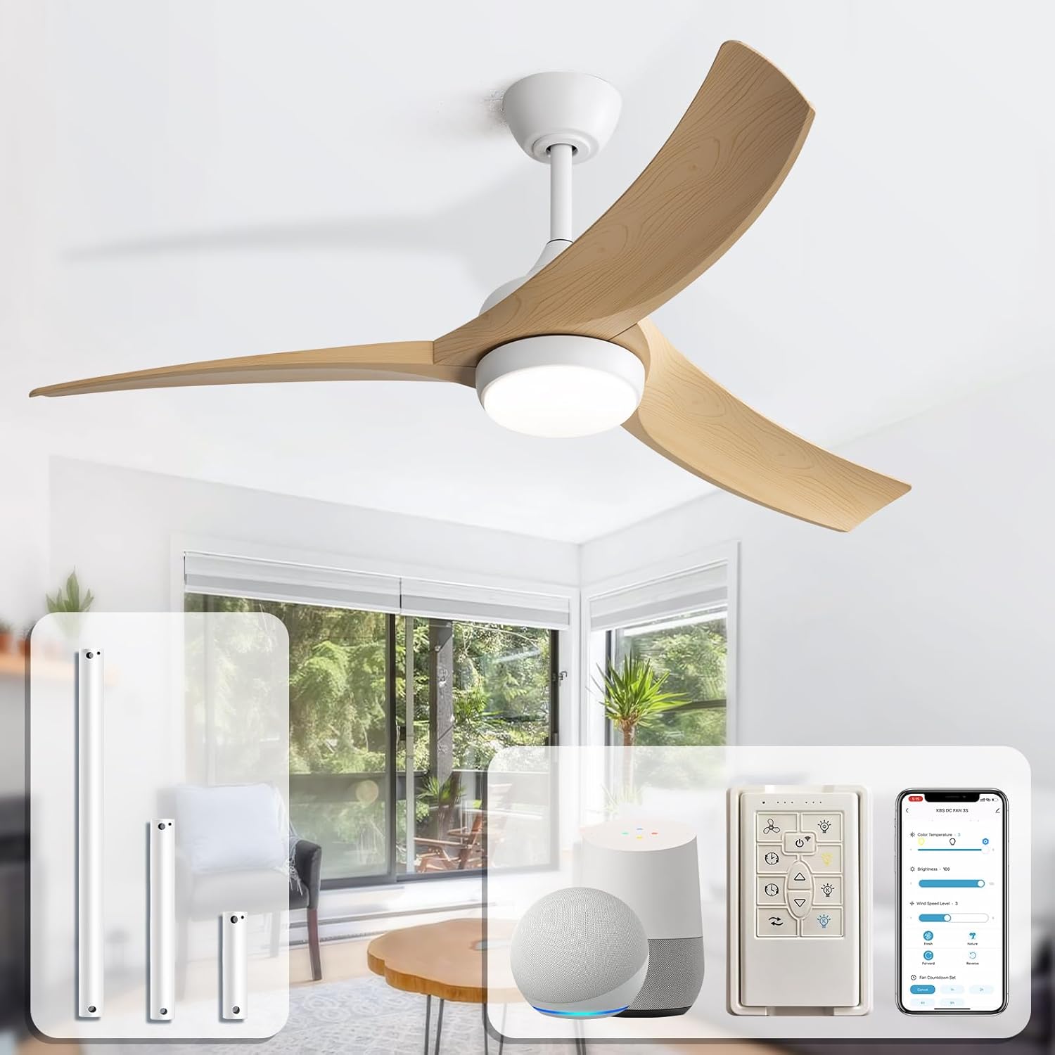 Front. Sofucor - 52'' Smart Ceiling Fan In/Outdoor Ceiling Fans with Light and Remote/Alexa/App/Google High Airflow ABS Blades Reversible - White- Burley.
