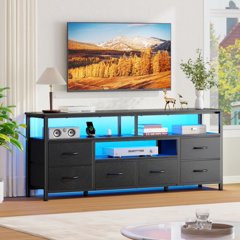 Furnulem - 55 Inch TV Stand Dresser with Charging Station LED Lights 6 Fabric Drawers Entertainment Center for TVs up to 60 Inch - Black