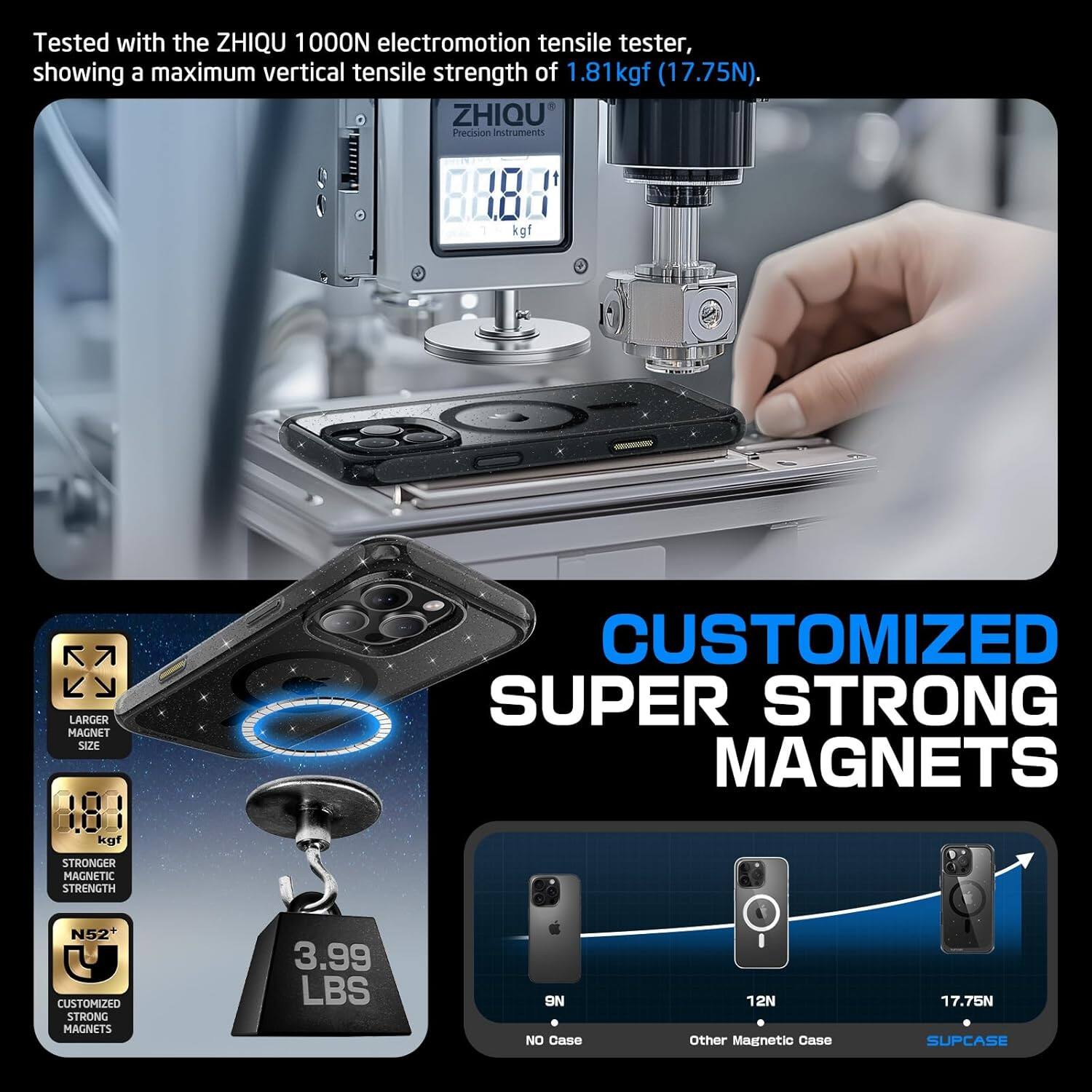 Tested with the ZHIQU 1000N electromotion tensile tester, showing a maximum vertical tensile strength of 1.81 kgf (17.75 N). ZHIQU Precision Instruments. Larger magnet size: 181 kgf. Stronger magnetic strength. Customized super strong magnets N52. Customized strong magnets. 3.99 lbs. SN NO. Case: 12N. Other Magnetic Case: 17.75N. SUPCASE.