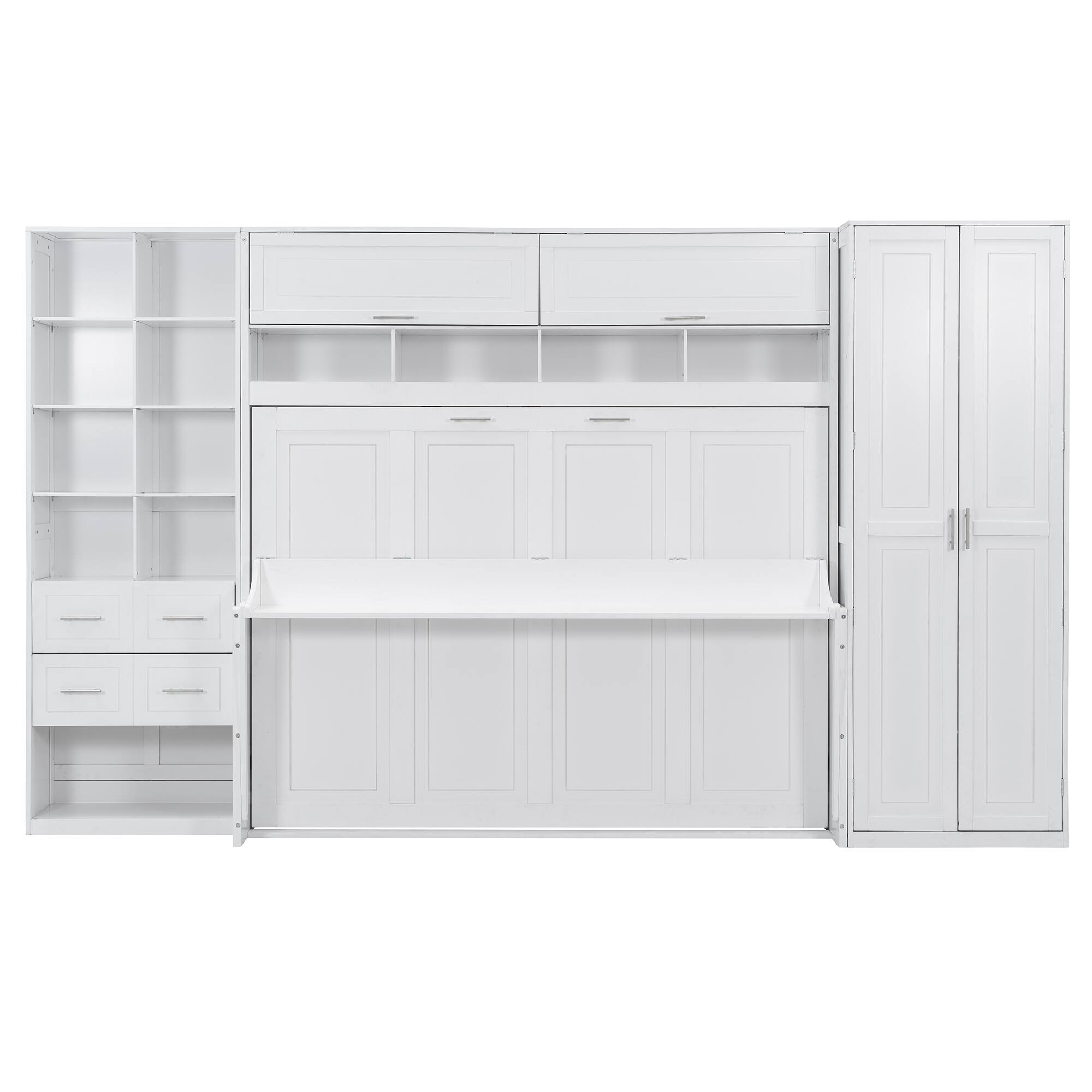 Left. Tiramisubest - Queen Size Murphy Bed with Closet, Drawers & Shelves, White, MDF+LVL, 151L x 65W x 91H, 459lbs - White.