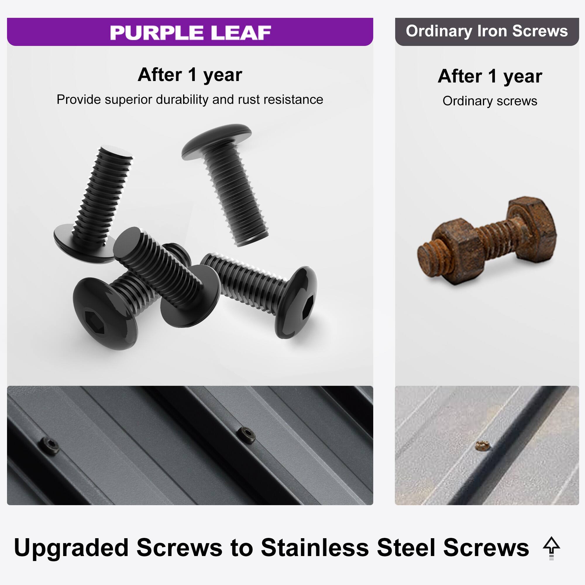 **PURPLE LEAF**

**After 1 year**  
Provide superior durability and rust resistance

**Ordinary Iron Screws**

**After 1 year**  
Ordinary screws

**Upgraded Screws to Stainless Steel Screws**