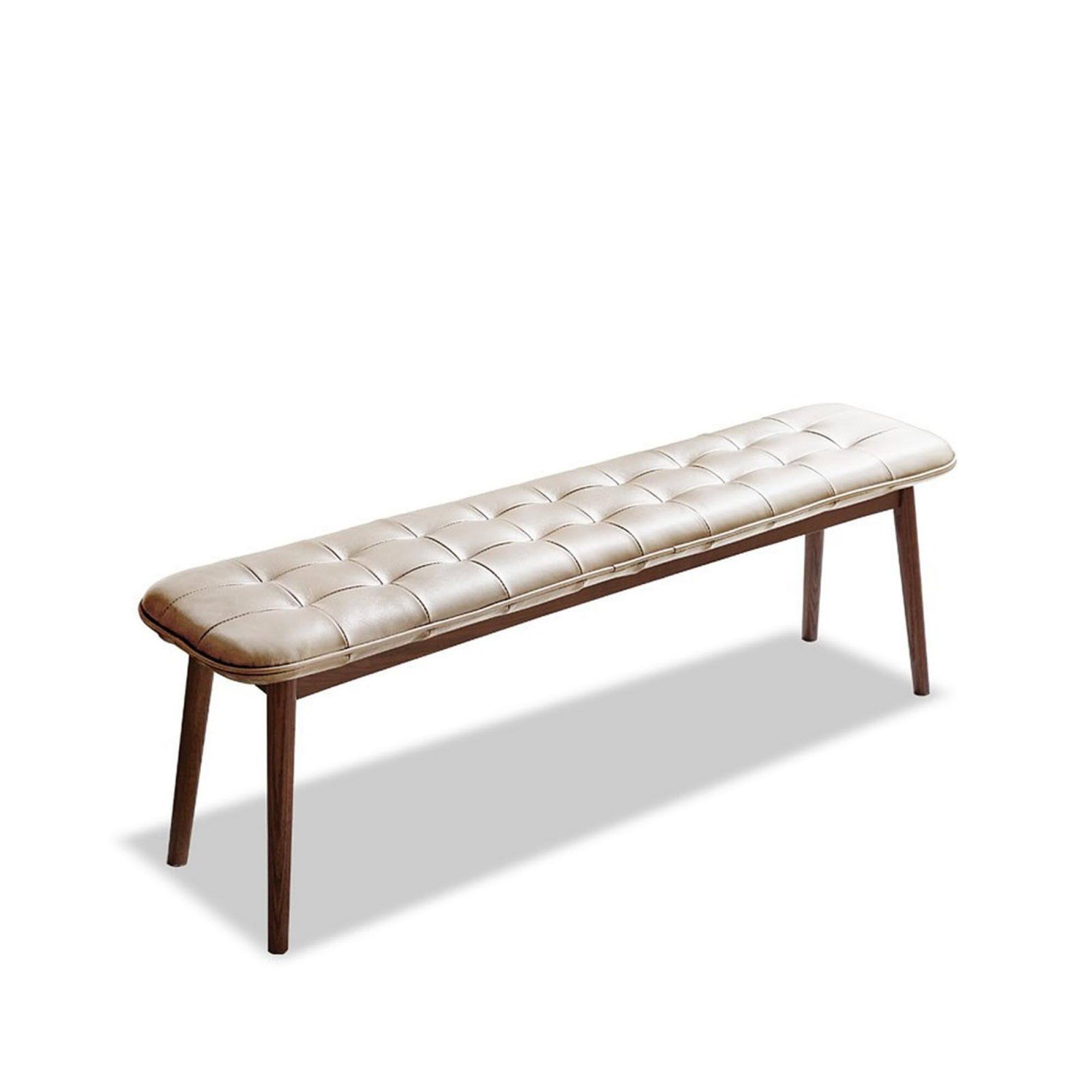 Front. GOODSILO - Natural Oak Wood Dining Bench with Leather Cushion for Living Room and Dining Area - White+Walnut.