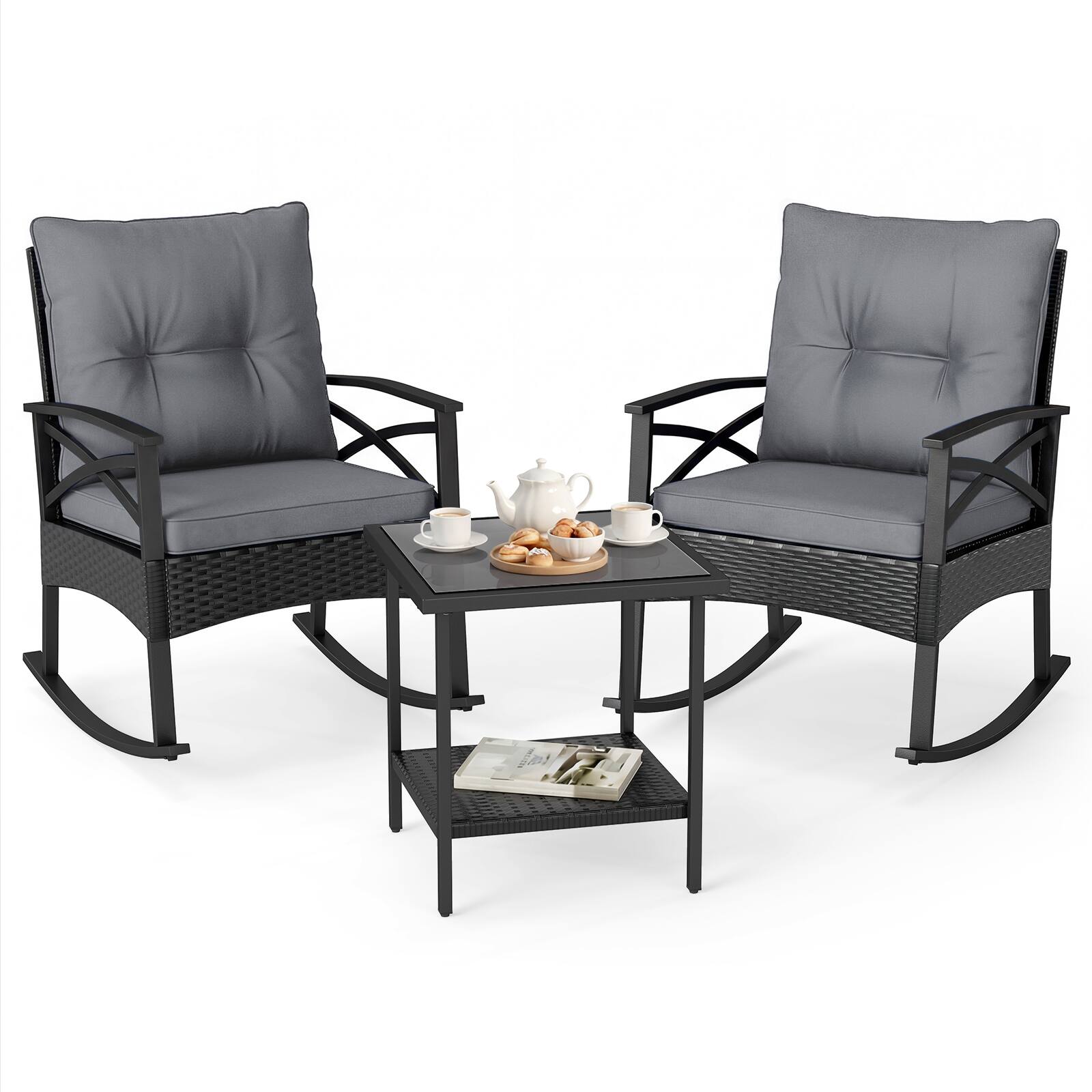 Alt View 1. Gymax - Gymax 3 Pieces Rattan Rocking Bistro Set w/Tempered Glass Tabletop & Cushions for Porch Mix Black & Gray - Gray.