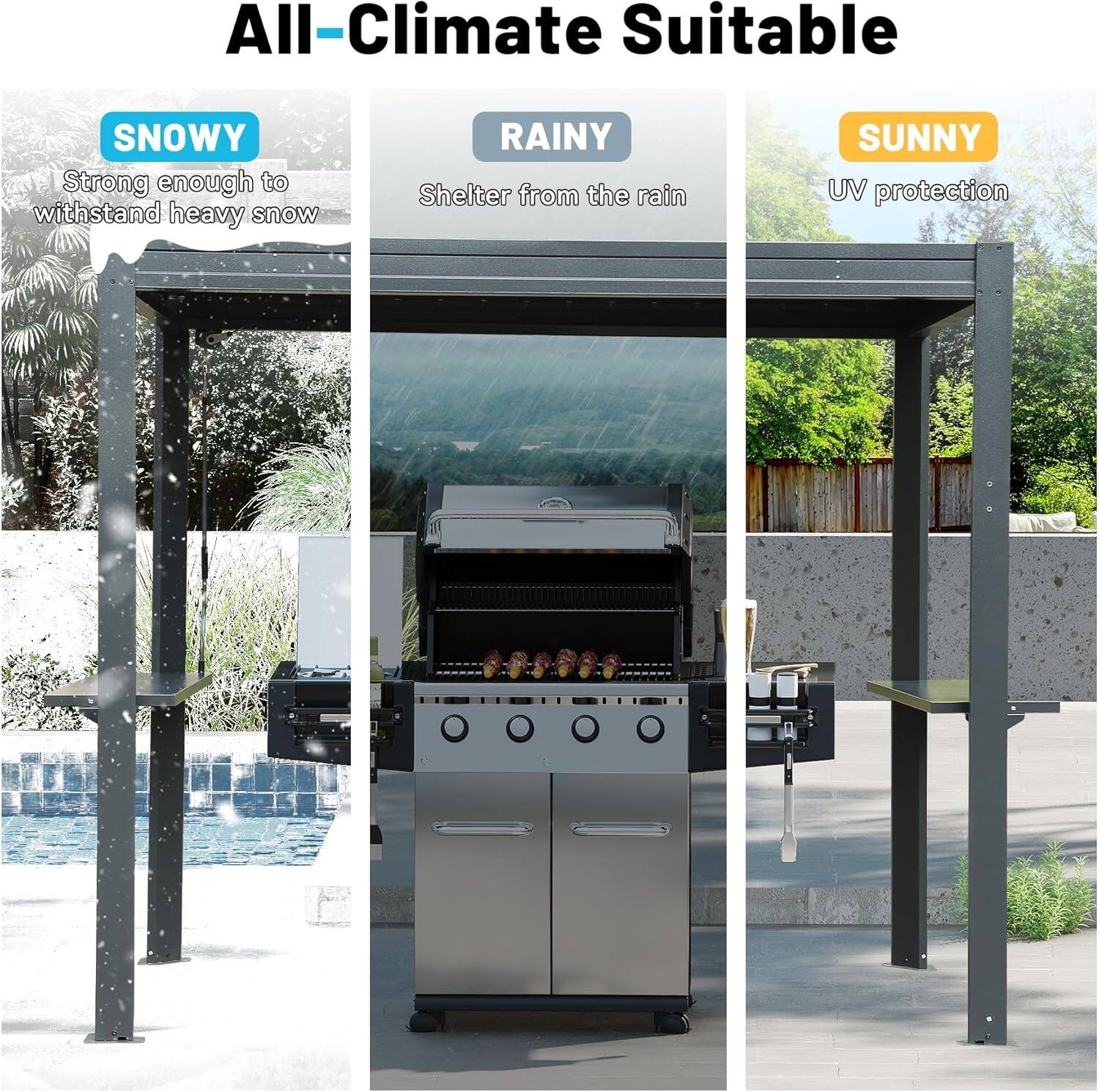 All-Climate Suitable

SNOWY
Strong enough to withstand heavy snow

RAINY
Shelter from the rain

SUNNY
UV protection