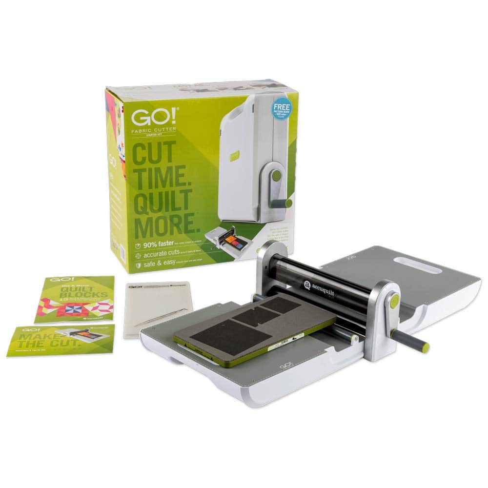 AccuQuilt - GO! Fabric Cutter Starter Set including the GO! Fabric Cutter, Handle, GO! Fabric Cutting Die, 6” x 12” Cutting Mat - Multicolor