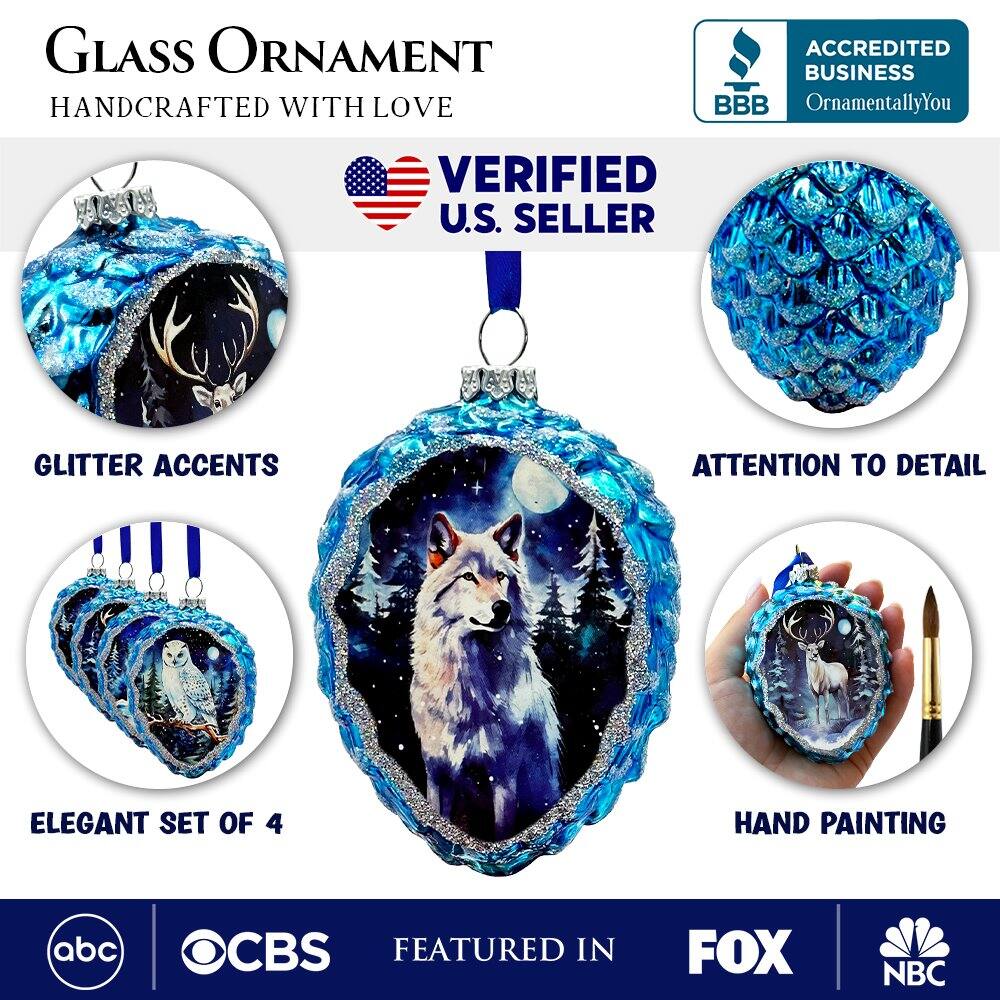 **Glass Ornament**  
Handcrafted with Love

**Verified U.S. Seller**

- Glitter Accents
- Attention to Detail
- Elegant Set of 4
- Hand Painting

**Accredited Business**  
OrnamentallyYou

**Featured in**  
ABC | CBS | FOX | NBC
