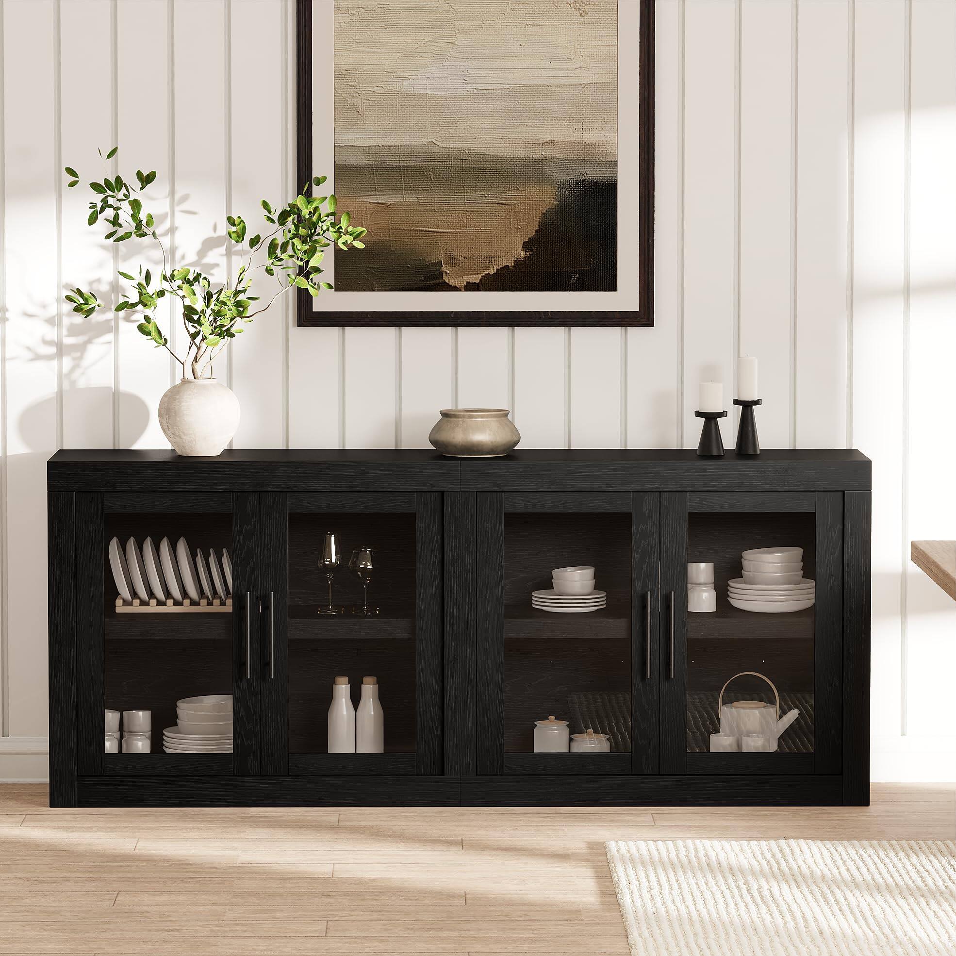 Alt View 2. Acekool - 70.8" Sideboard Buffet Cabinet, Mid Century Modern Accent Cabinet with 4 Doors, Wood Coffee Bar Media Console Credenza - Black.